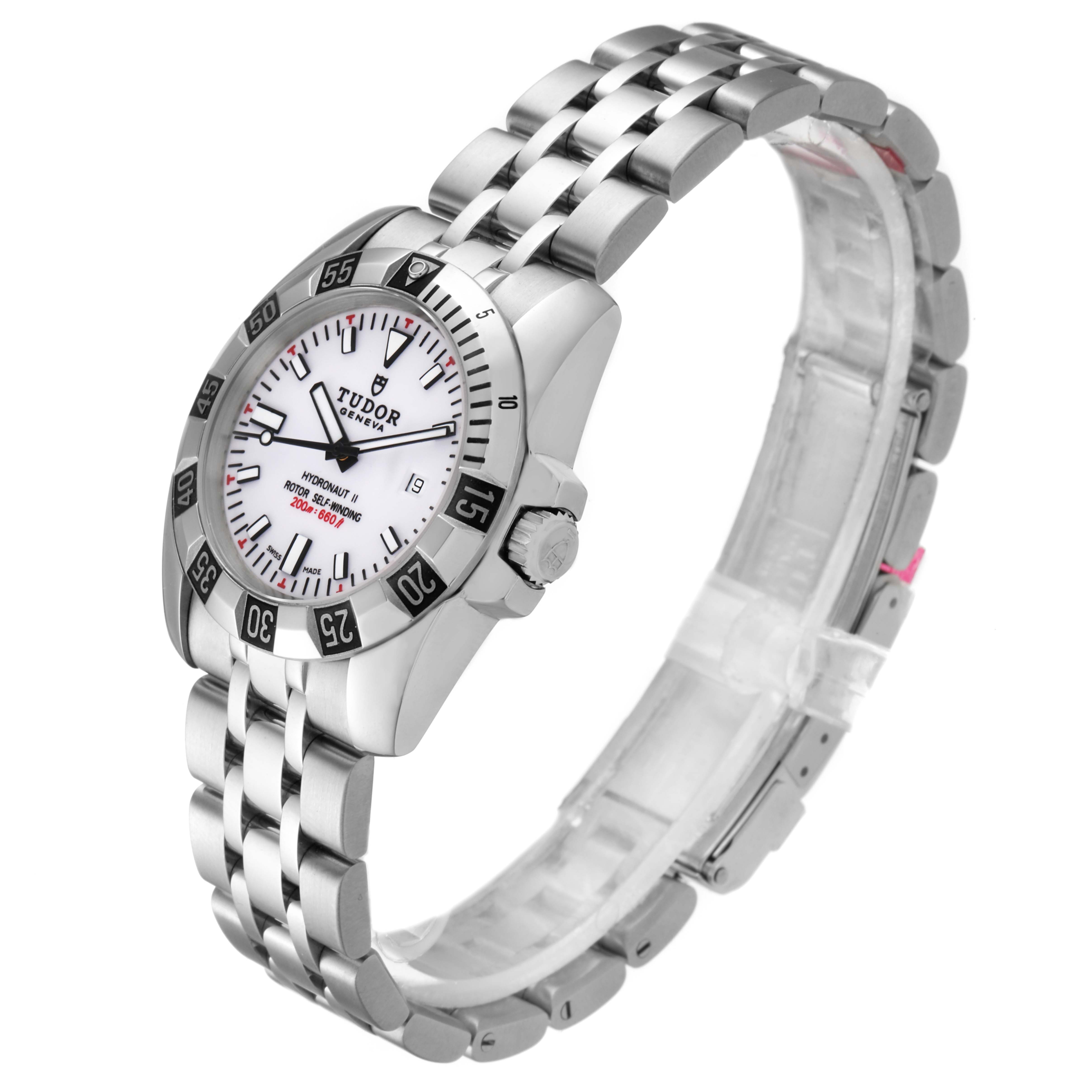 The Tudor Hydronaut 24030 Women's Stainless Steel White Dial 24030 Women's Stainless Steel White Dial watch is shown at a three-quarter angle, displaying the bracelet, bezel, dial, and crown.