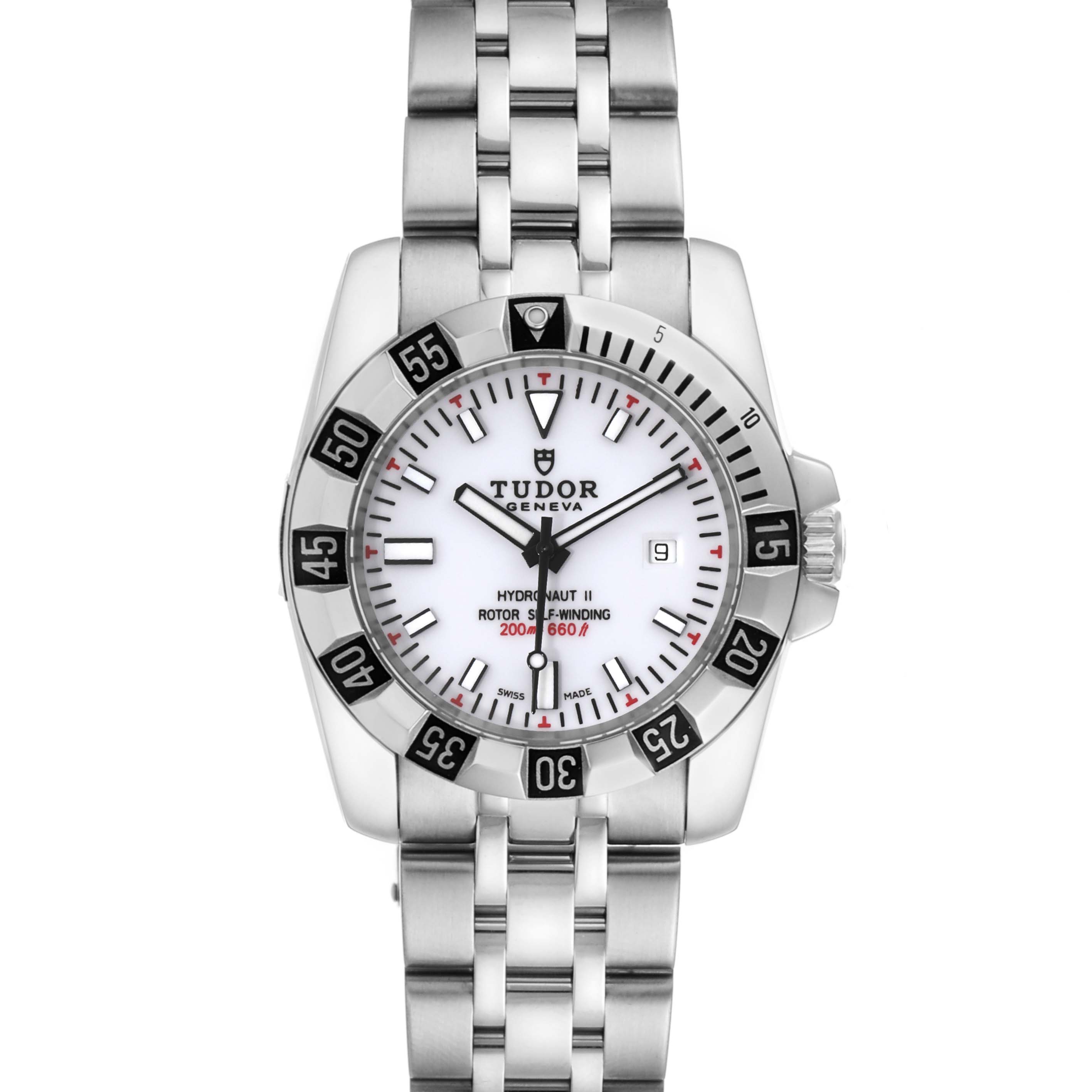 The image shows a frontal view of the Tudor Hydronaut 24030 Women's Stainless Steel White Dial 24030 Women's Stainless Steel White Dial II watch, displaying the dial, bezel, bracelet, and crown.