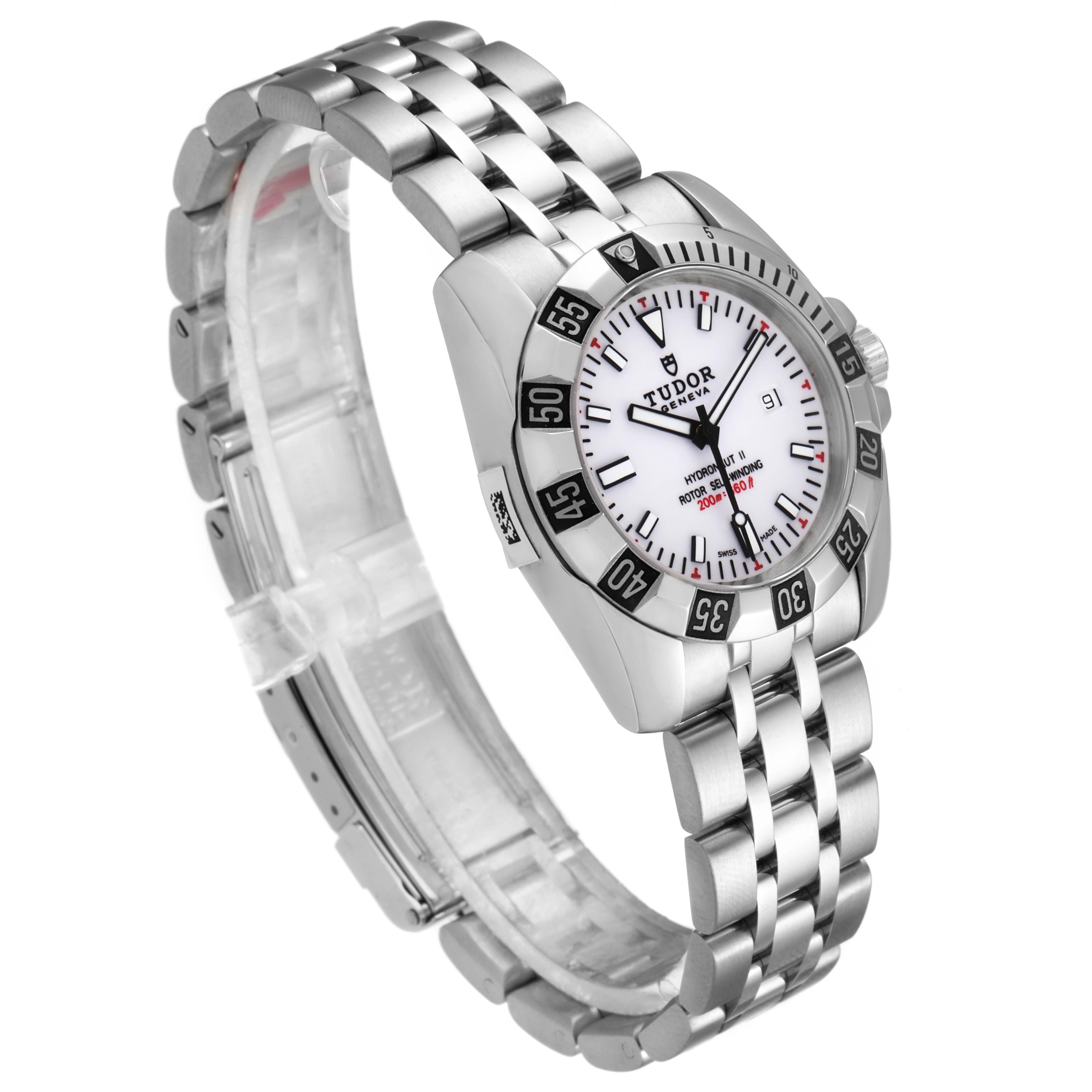 The image shows a Tudor Hydronaut 24030 Women's Stainless Steel White Dial 24030 Women's Stainless Steel White Dial watch from an angled view, displaying the face, bezel, crown, and metal bracelet.