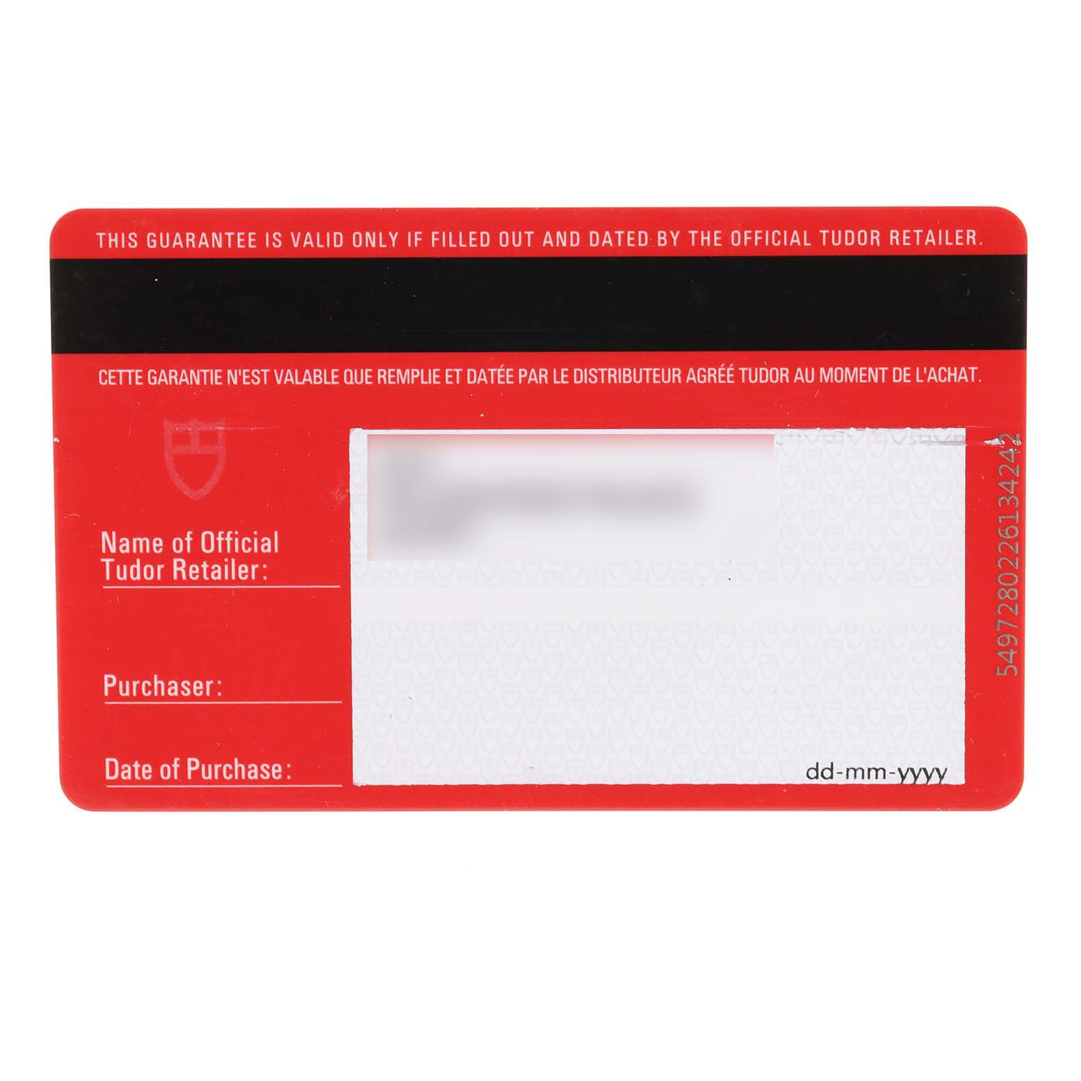 The image shows the warranty card for the Tudor Hydronaut 24030 Women's Stainless Steel White Dial 24030 Women's Stainless Steel White Dial watch model, featuring fields for retailer name, purchaser, and purchase date.