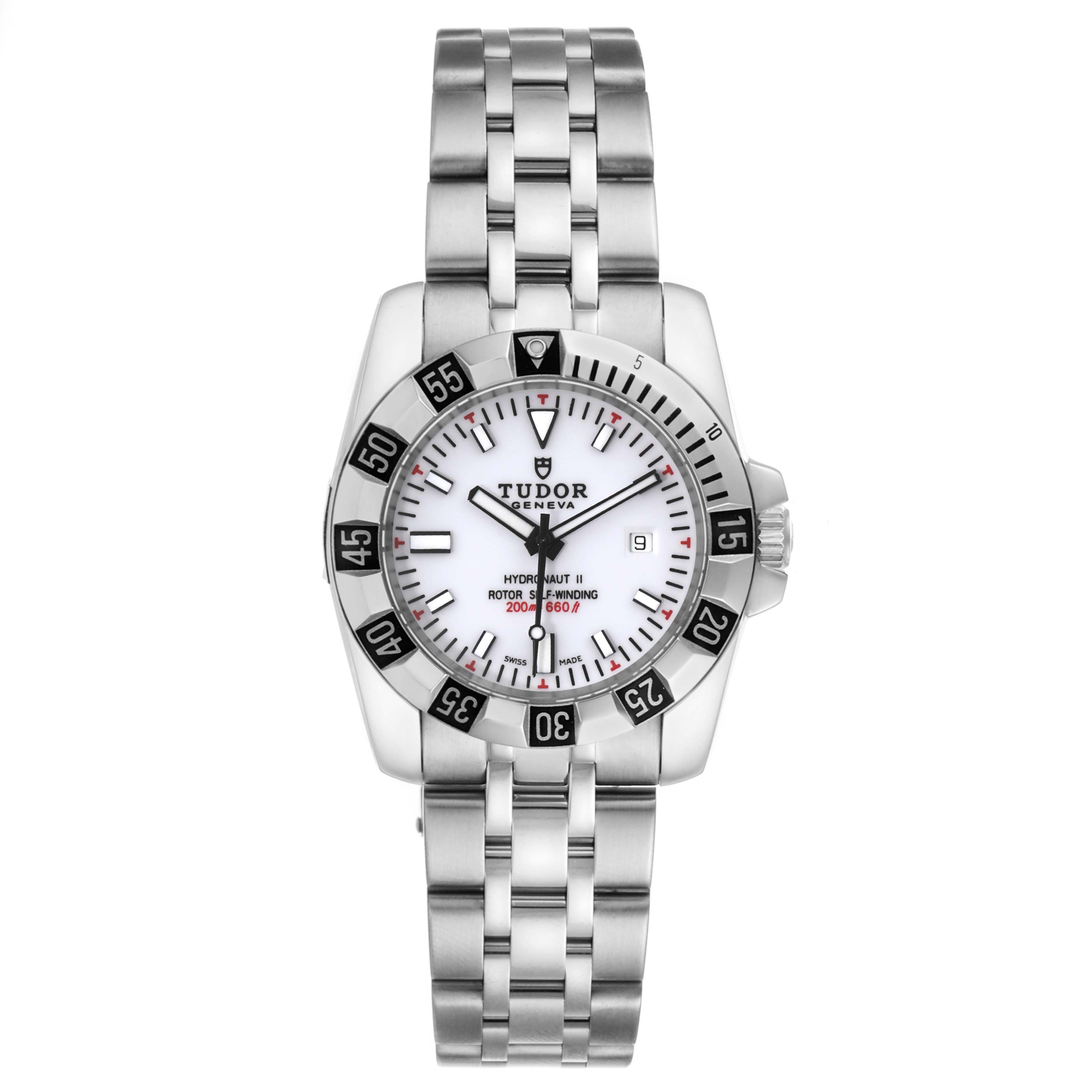 The image shows a frontal view of the Tudor Hydronaut 24030 Women's Stainless Steel White Dial 24030 Women's Stainless Steel White Dial II watch, highlighting its face, bezel, and stainless steel bracelet.