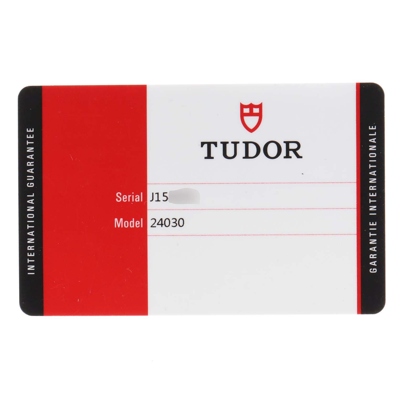 This image shows an international guarantee card for the Tudor Hydronaut 24030 Women's Stainless Steel White Dial 24030 Women's Stainless Steel White Dial model watch.