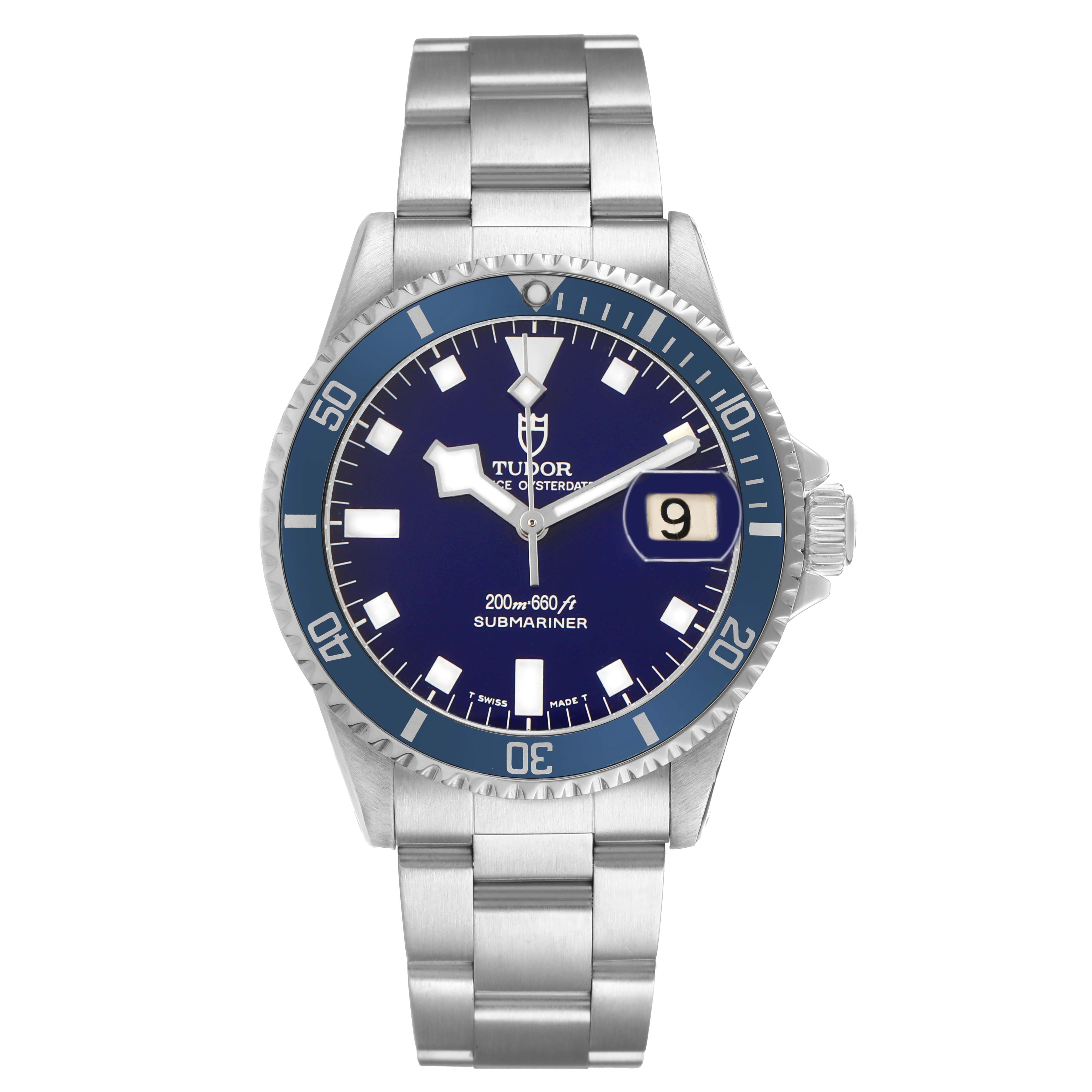 The Tudor Submariner 9411 Men's Stainless Steel Blue Dial watch is shown from the front, displaying its dial, bezel, and bracelet.
