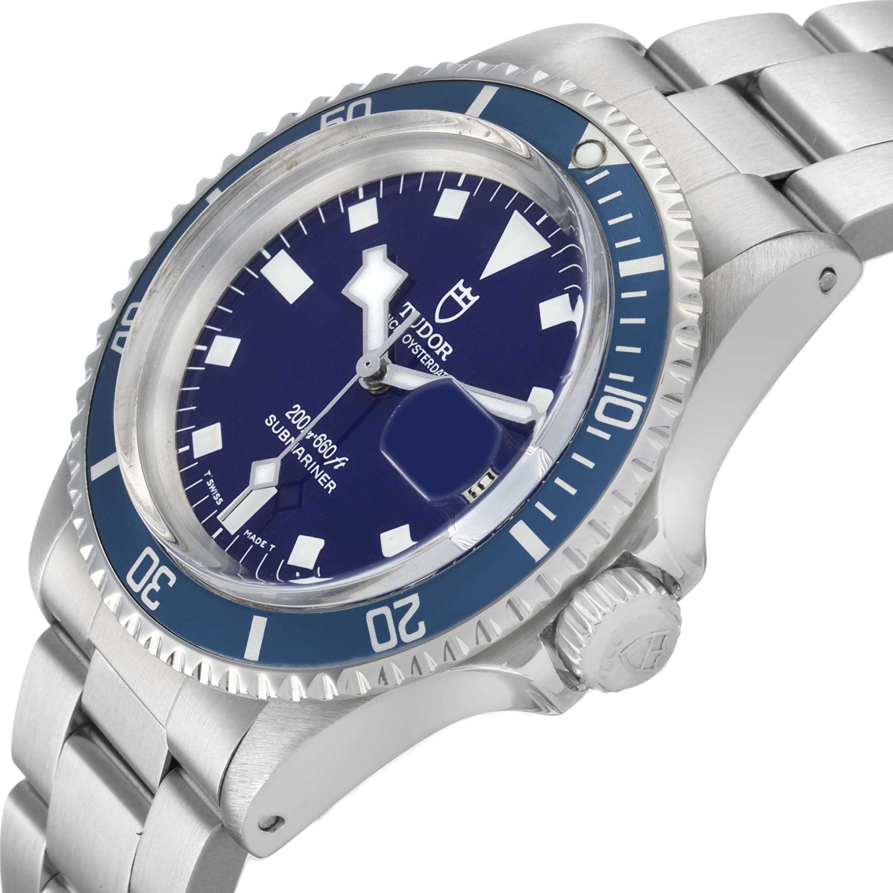 The image shows the Tudor Submariner 9411 Men's Stainless Steel Blue Dial watch at an angled side view, highlighting the blue bezel, dial, crown, and bracelet.