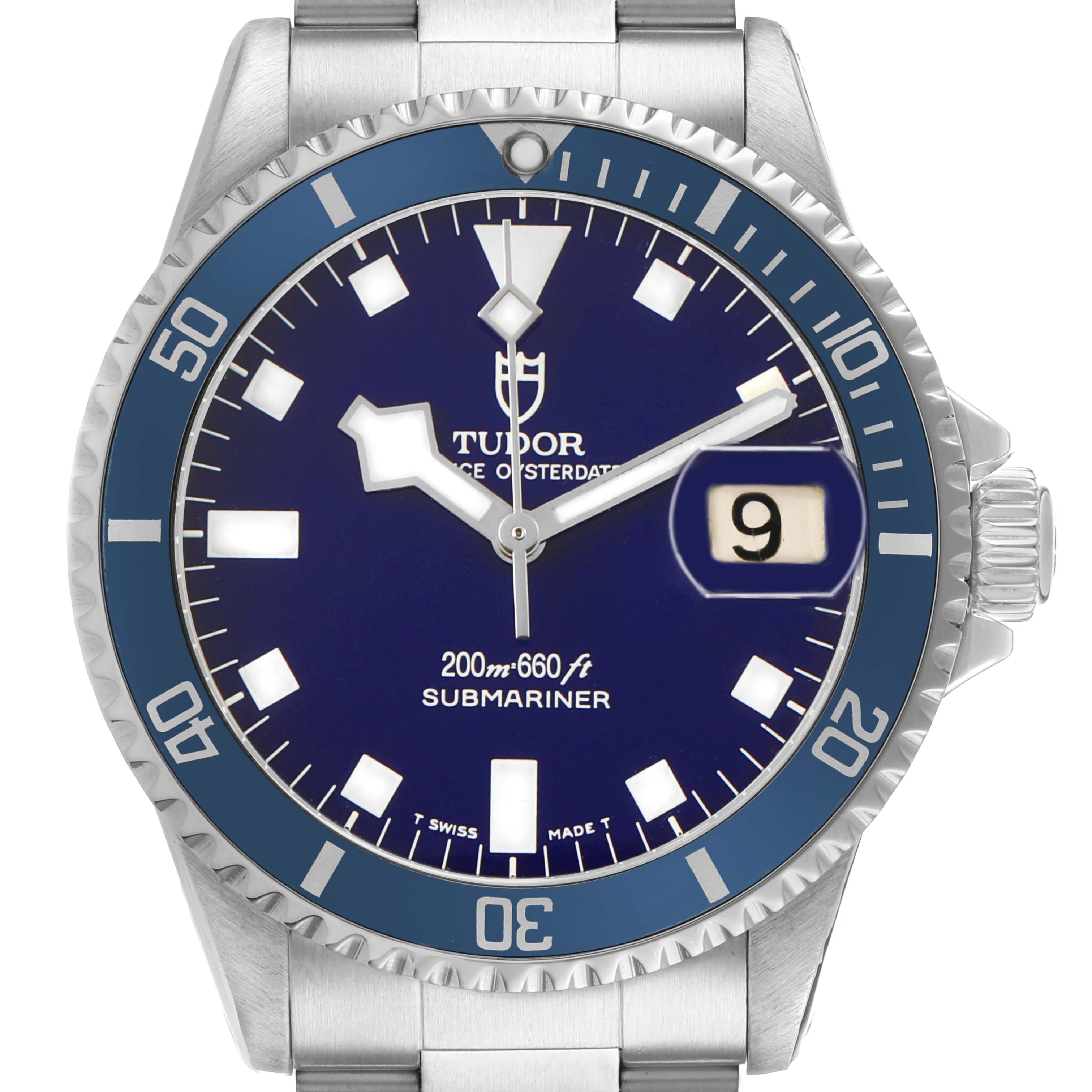 The Tudor Submariner 9411 Men's Stainless Steel Blue Dial watch is shown in a frontal view, highlighting the dial, bezel, and date magnifier.