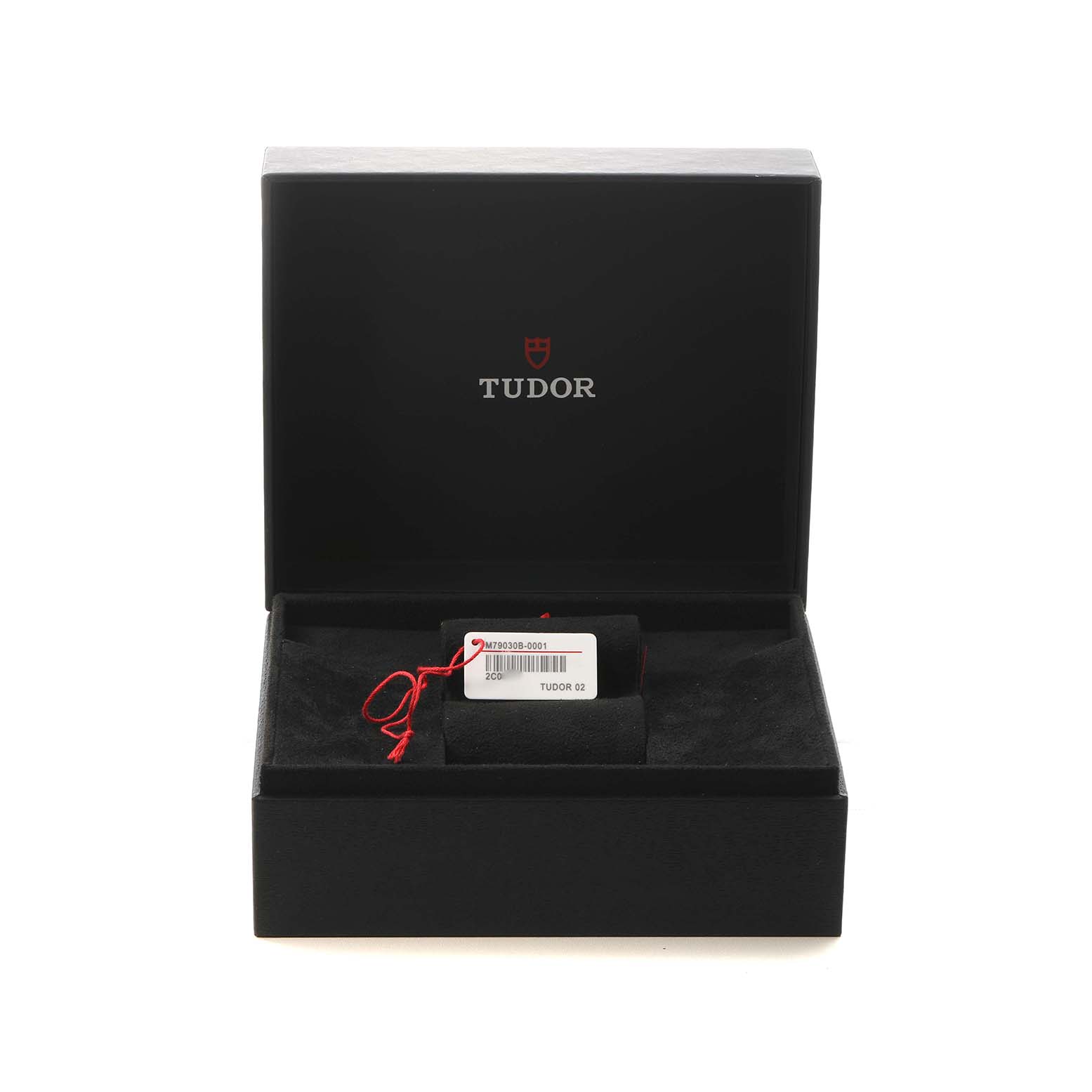 The image shows a Tudor Submariner 9411 Men's Stainless Steel Blue Dial watch box open from the front, with a label and tag inside.