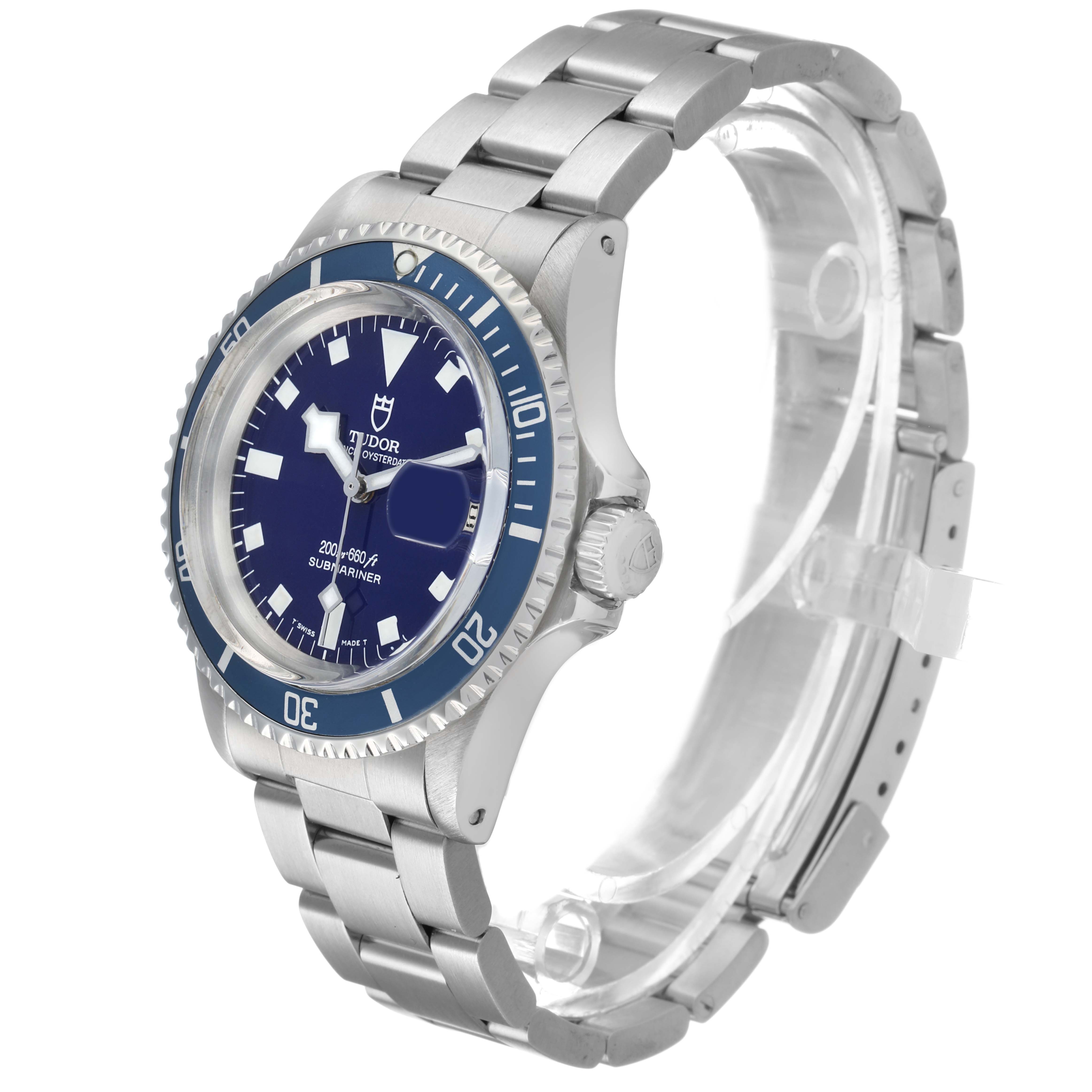 The Tudor Submariner 9411 Men's Stainless Steel Blue Dial watch is shown at an angled side view, highlighting the dial, bezel, crown, and bracelet.