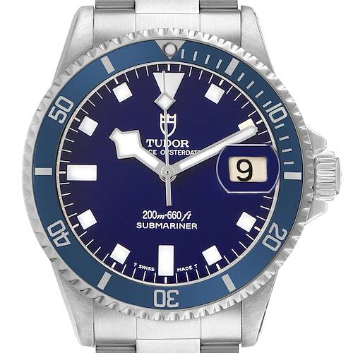 The image shows a frontal view of the Tudor Submariner 9411 Men's Stainless Steel Blue Dial watch, highlighting the dial, bezel, and crown.