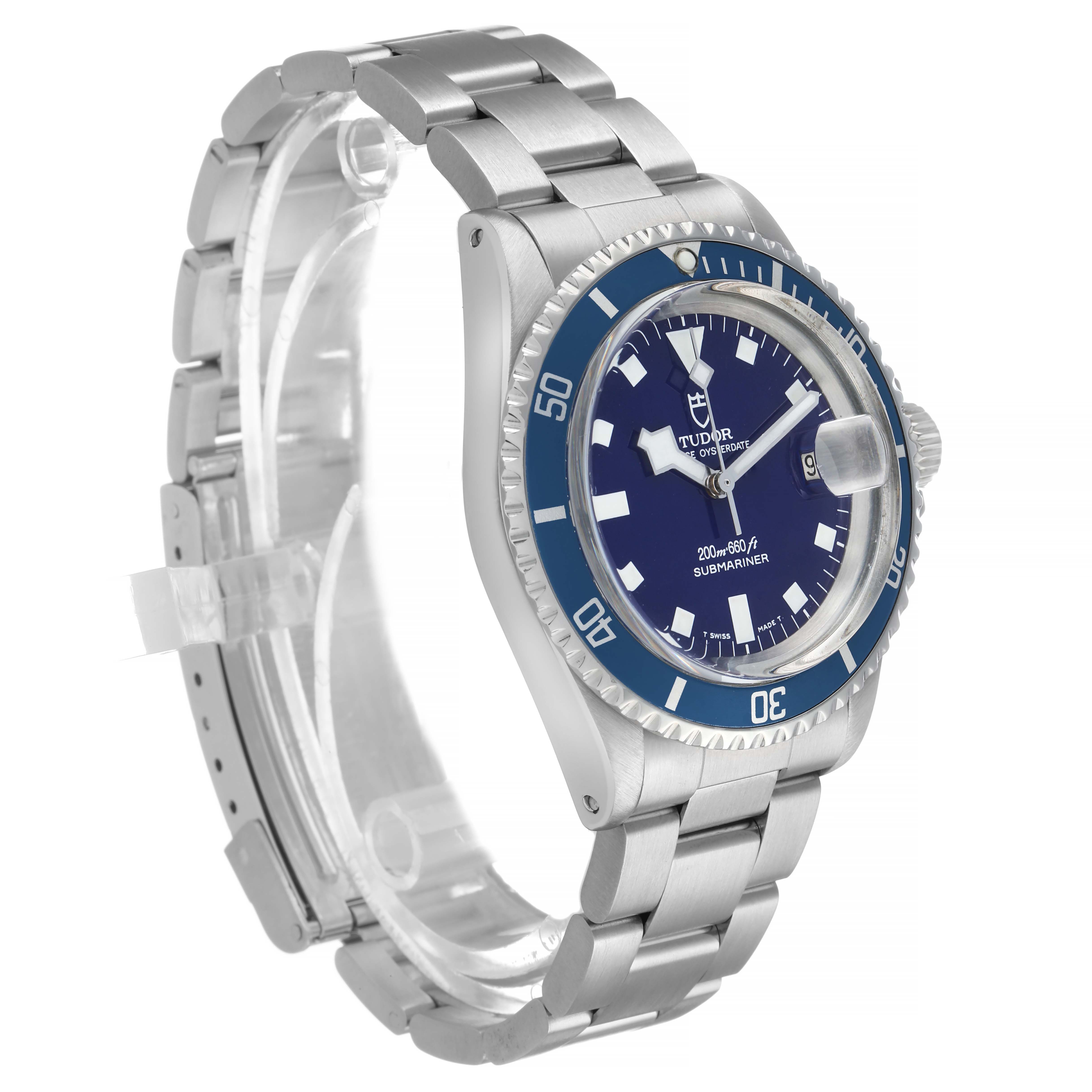 The image shows a Tudor Submariner 9411 Men's Stainless Steel Blue Dial watch at a three-quarter angle displaying its blue dial, bezel, case, and bracelet.