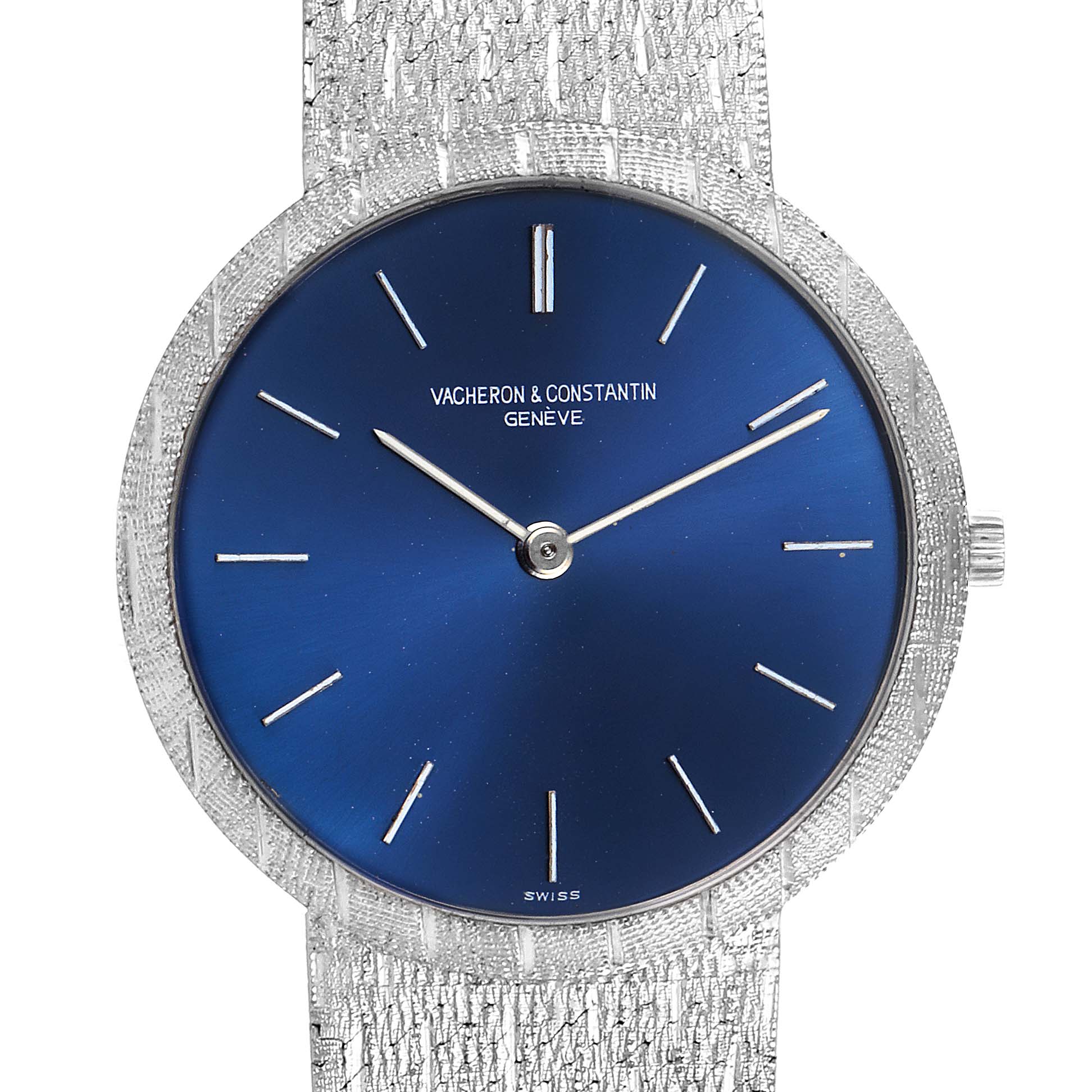 The image shows a Vacheron Constantin Patrimony 6352 Men's White Gold Blue Dial 6352 Men's White Gold Blue Dial watch with a blue dial and textured silver strap, viewed from the front.