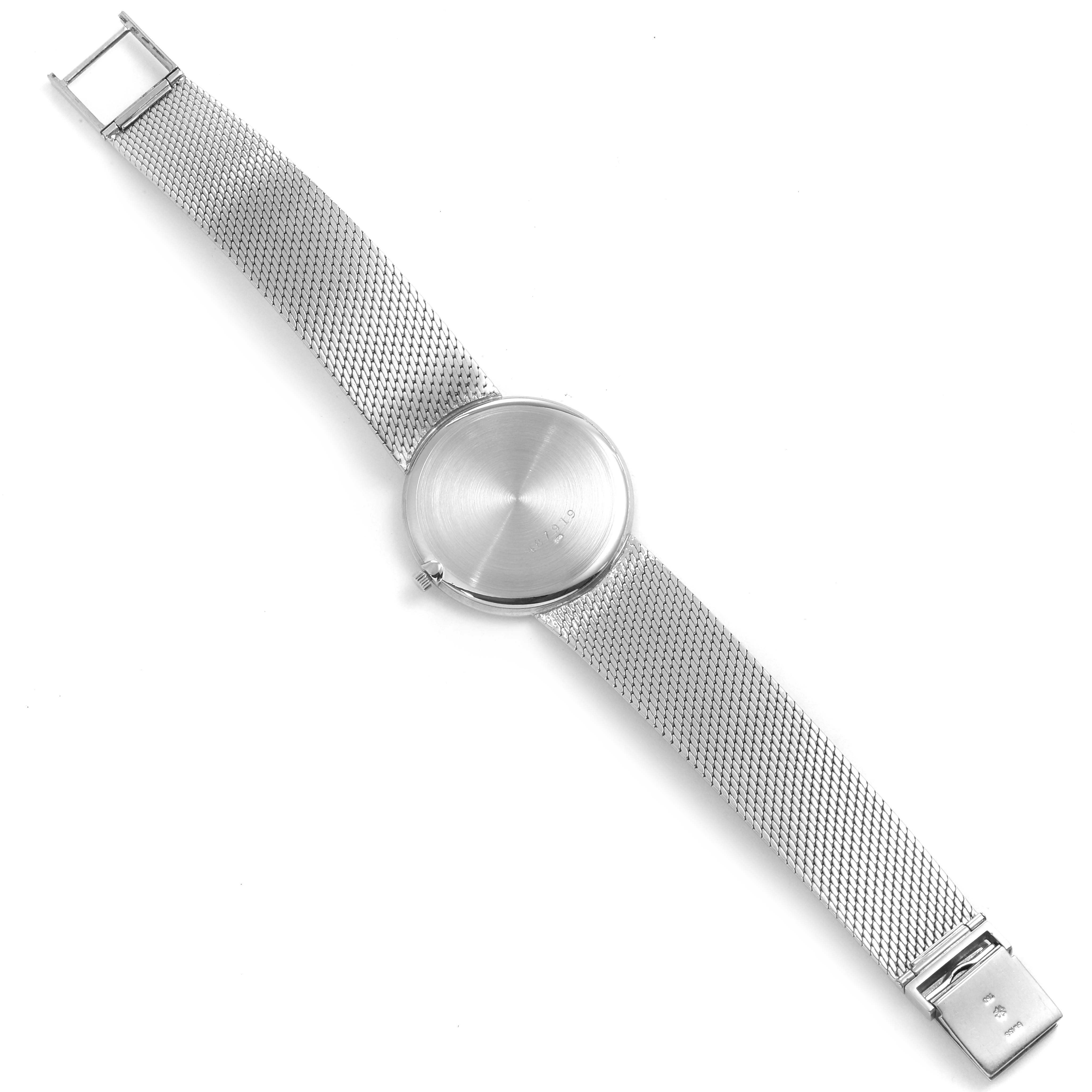 The image shows the back view of a Vacheron Constantin Patrimony 6352 Men's White Gold Blue Dial 6352 Men's White Gold Blue Dial watch, displaying its case and metal mesh strap.