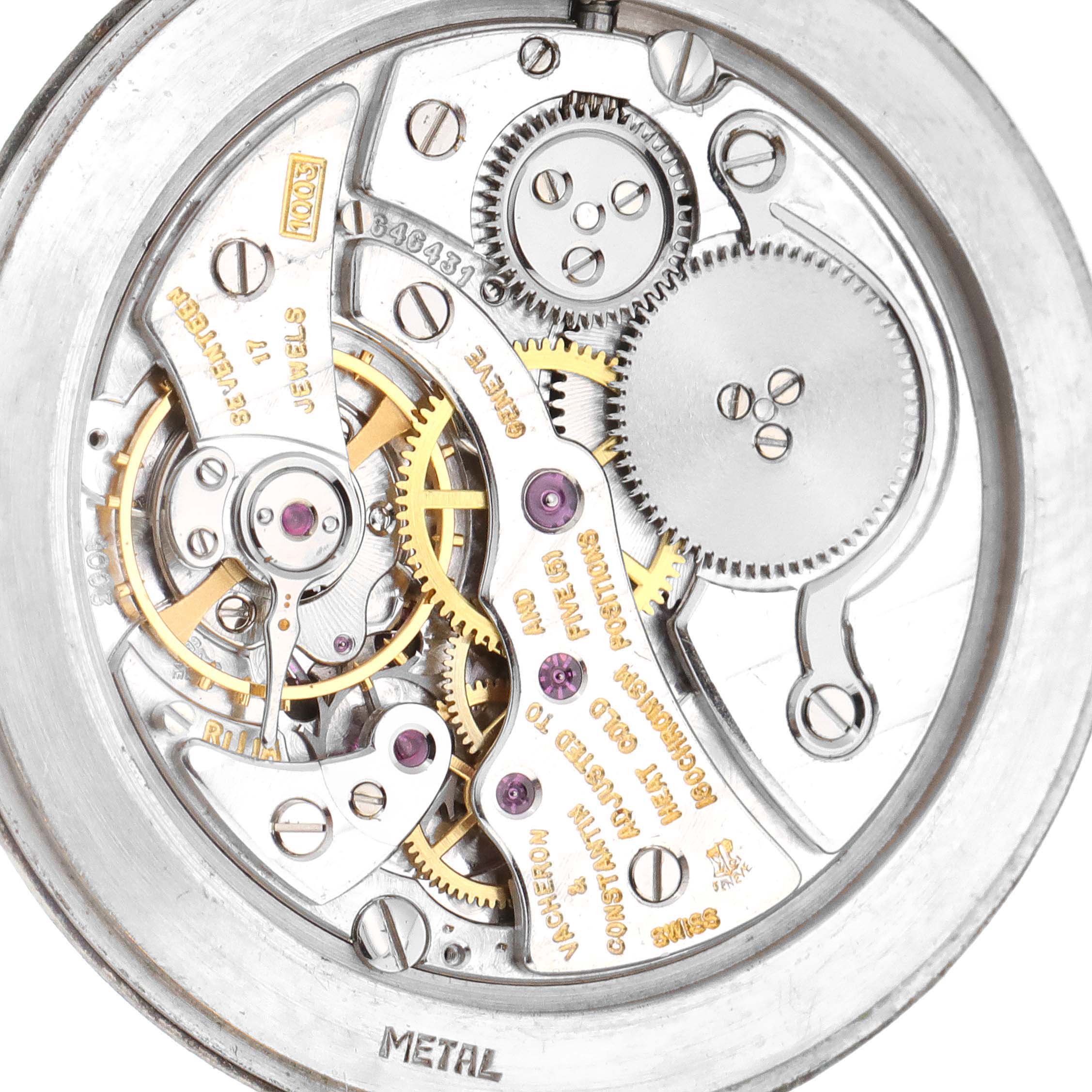 The image shows a close-up view of the movement mechanism of a Vacheron Constantin Patrimony 6352 Men's White Gold Blue Dial 6352 Men's White Gold Blue Dial watch.