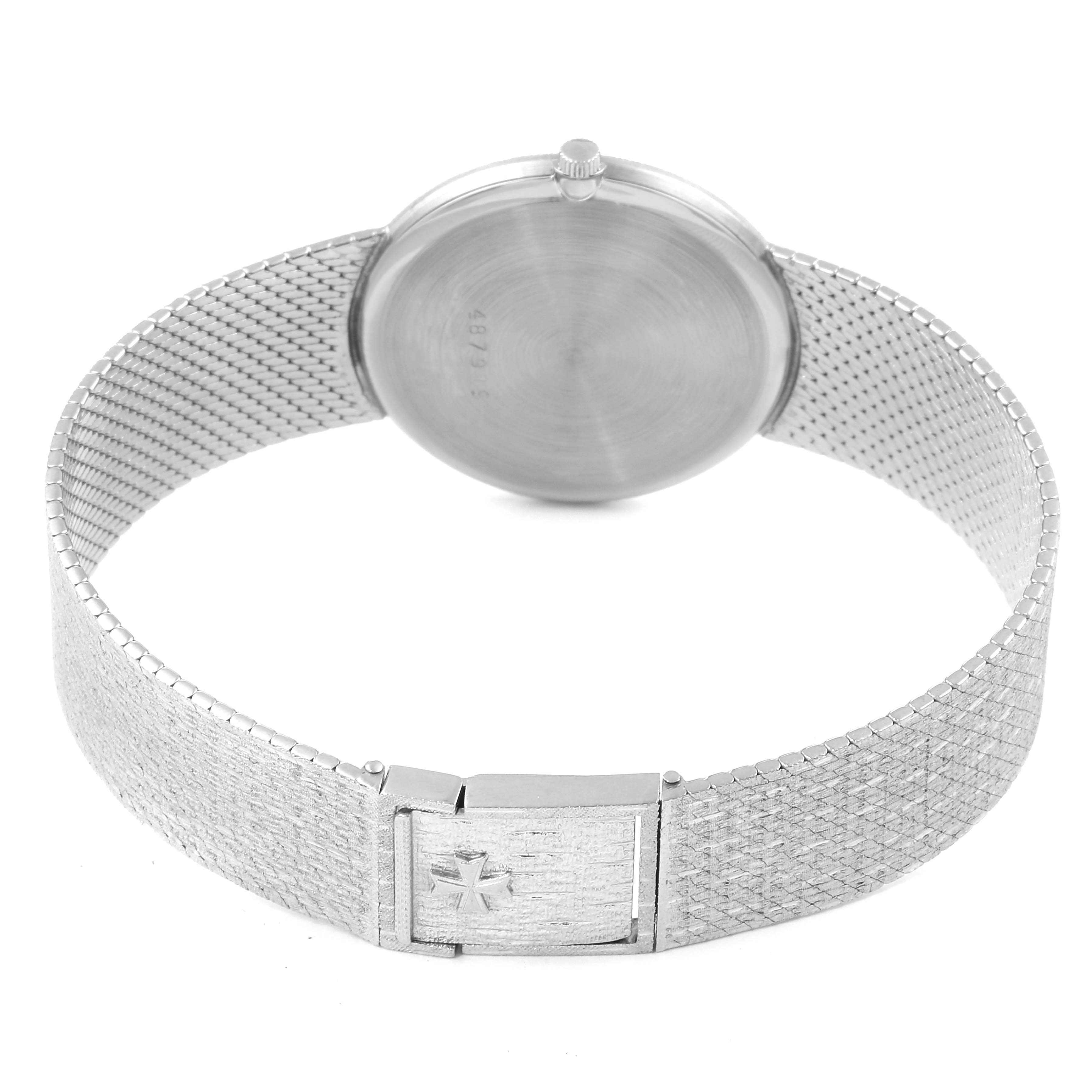 This image shows the back of a Vacheron Constantin Patrimony 6352 Men's White Gold Blue Dial 6352 Men's White Gold Blue Dial watch, highlighting its case back and mesh bracelet with clasp.