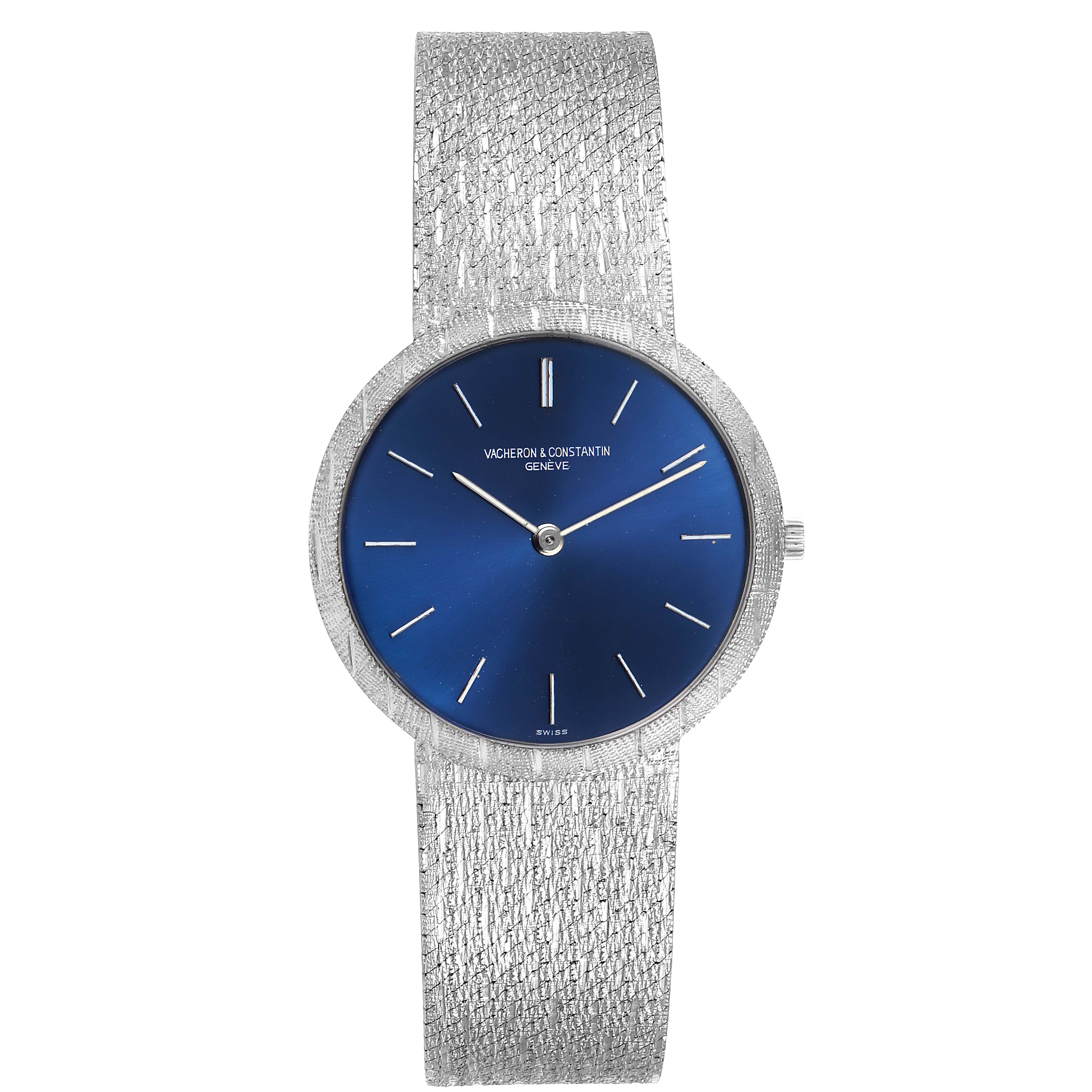The image shows a Vacheron Constantin Patrimony 6352 Men's White Gold Blue Dial 6352 Men's White Gold Blue Dial watch from a front angle, featuring a blue dial and a textured silver bracelet.