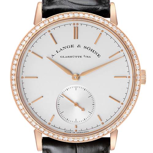 The A. Lange & Sohne Saxonia 842.032 Men's Rose Gold Silver Dial watch is shown from a front angle, highlighting the dial, hands, diamond bezel, and lugs.