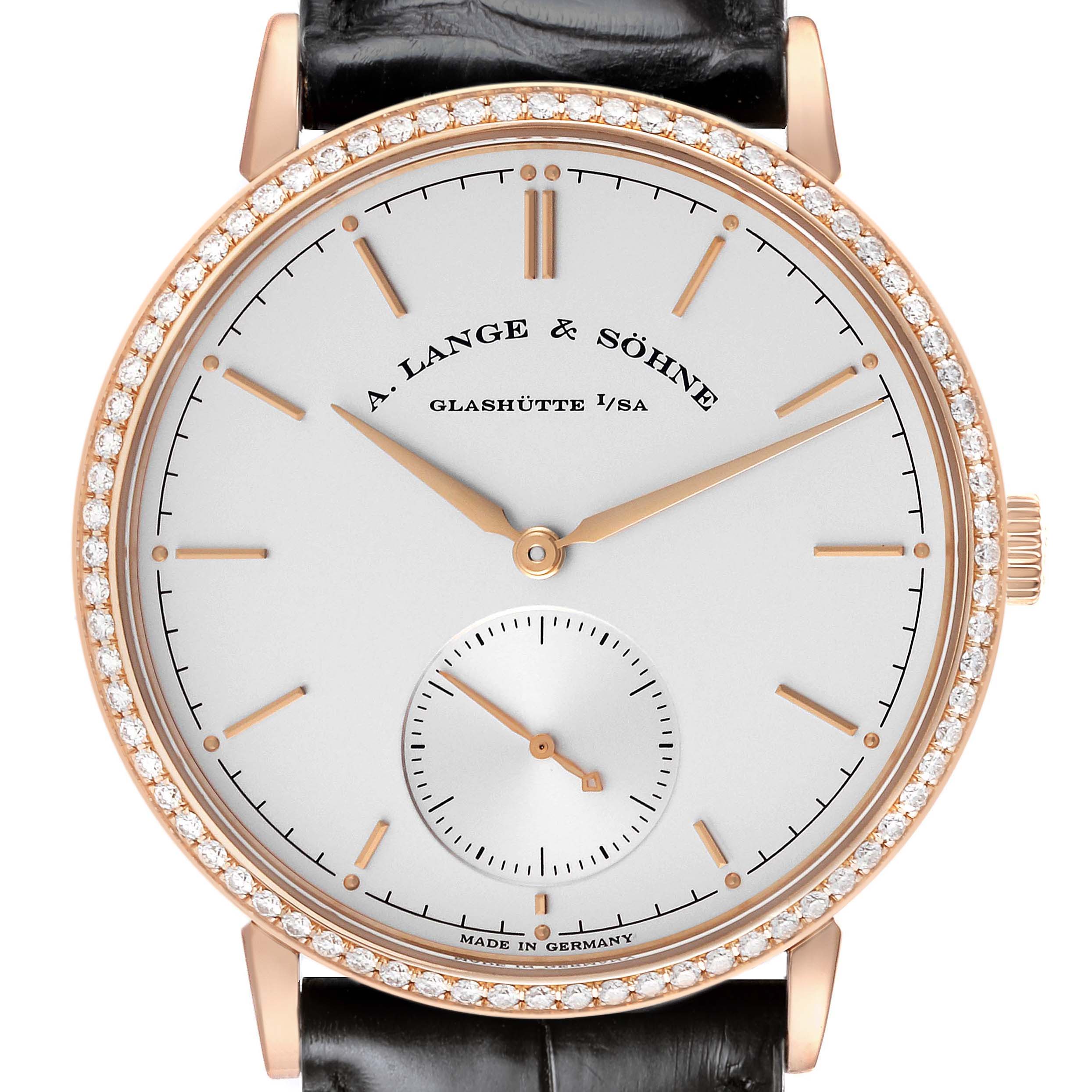 The A. Lange & Sohne Saxonia 842.032 Men's Rose Gold Silver Dial watch is shown from the front, displaying the dial, bezel, hour markers, and hands.