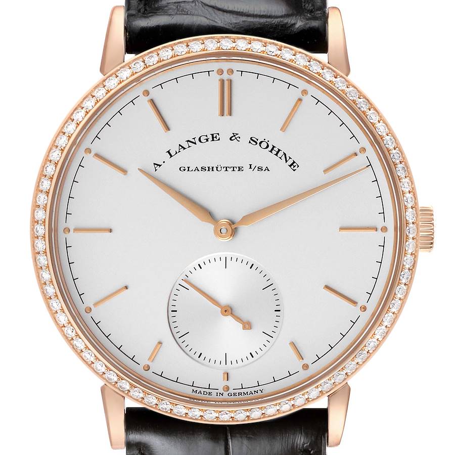 The A. Lange & Sohne Saxonia 842.032 Men's Rose Gold Silver Dial watch is shown from the front, displaying the dial, bezel, hour markers, and hands.