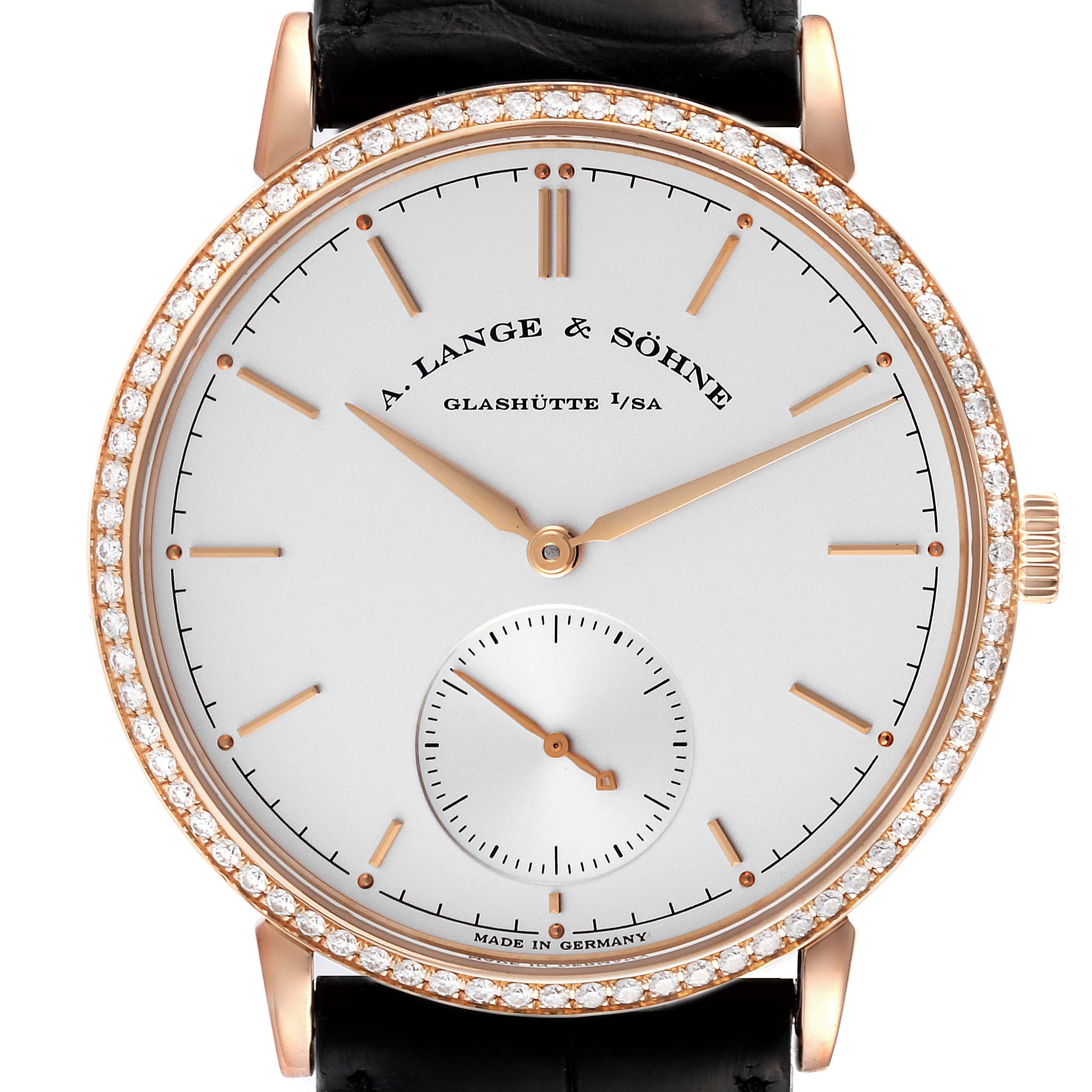 The image shows a front view of the Saxonia model by A. Lange & Söhne, highlighting the dial, hands, bezel, and crown.