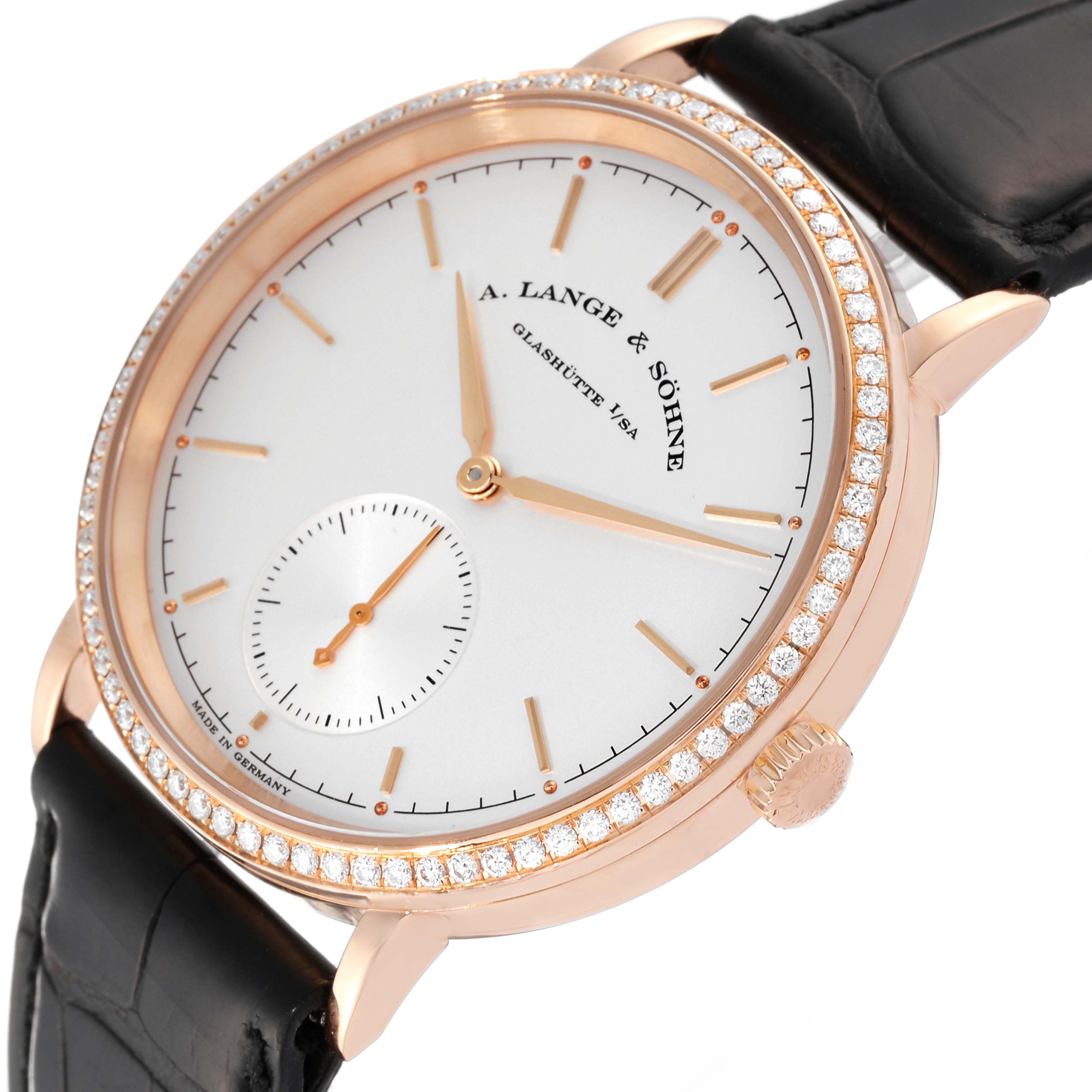 The image shows a close-up, angled view of the face and bezel of the A. Lange & Sohne Saxonia 842.032 Men's Rose Gold Silver Dial watch with a diamond-encrusted case and black leather strap.