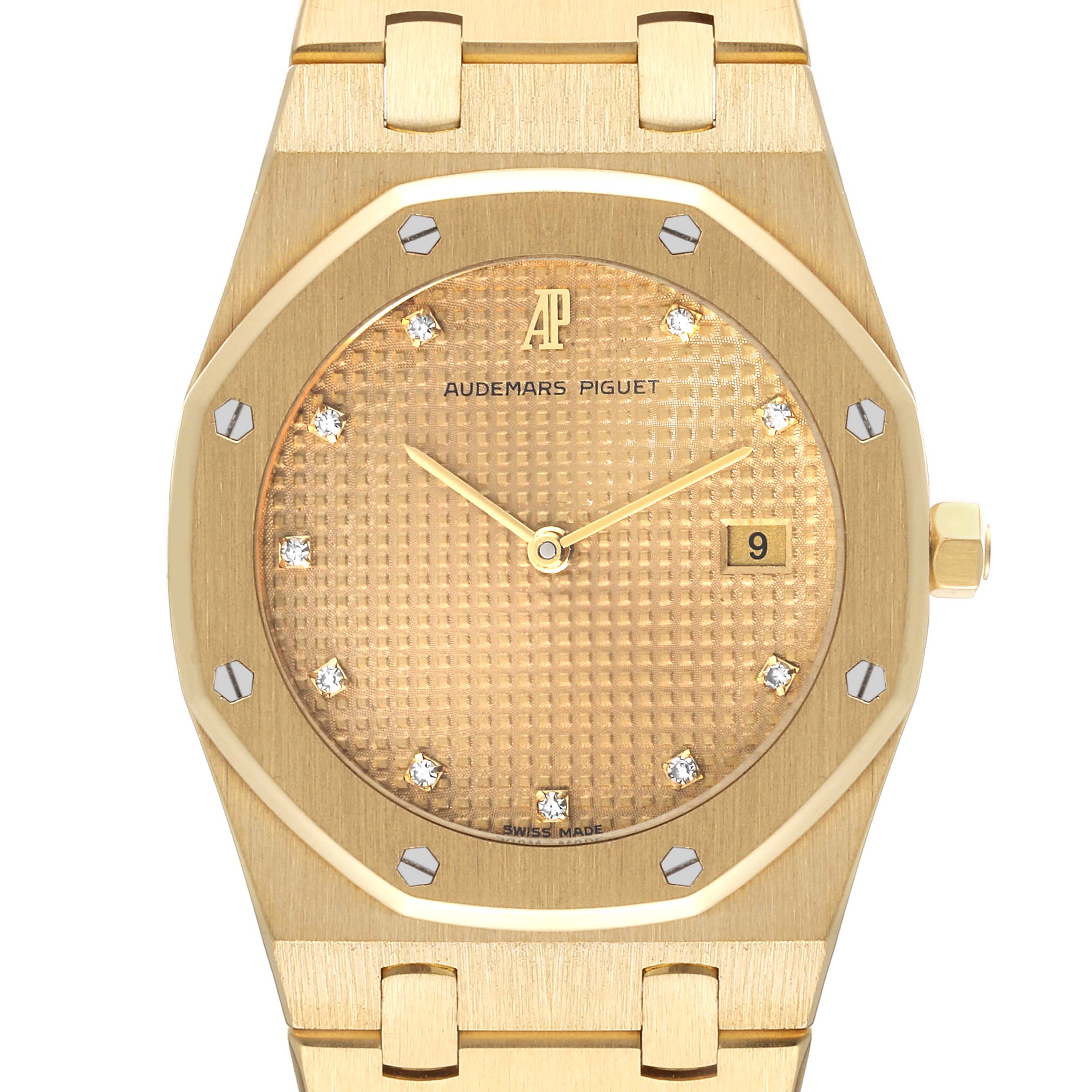 This image shows a front view of the Audemars Piguet Royal Oak 56303 Men's Yellow Gold Champagne Dial 56303 Men's Yellow Gold Champagne Dial watch, featuring the dial, hands, and part of the bracelet.