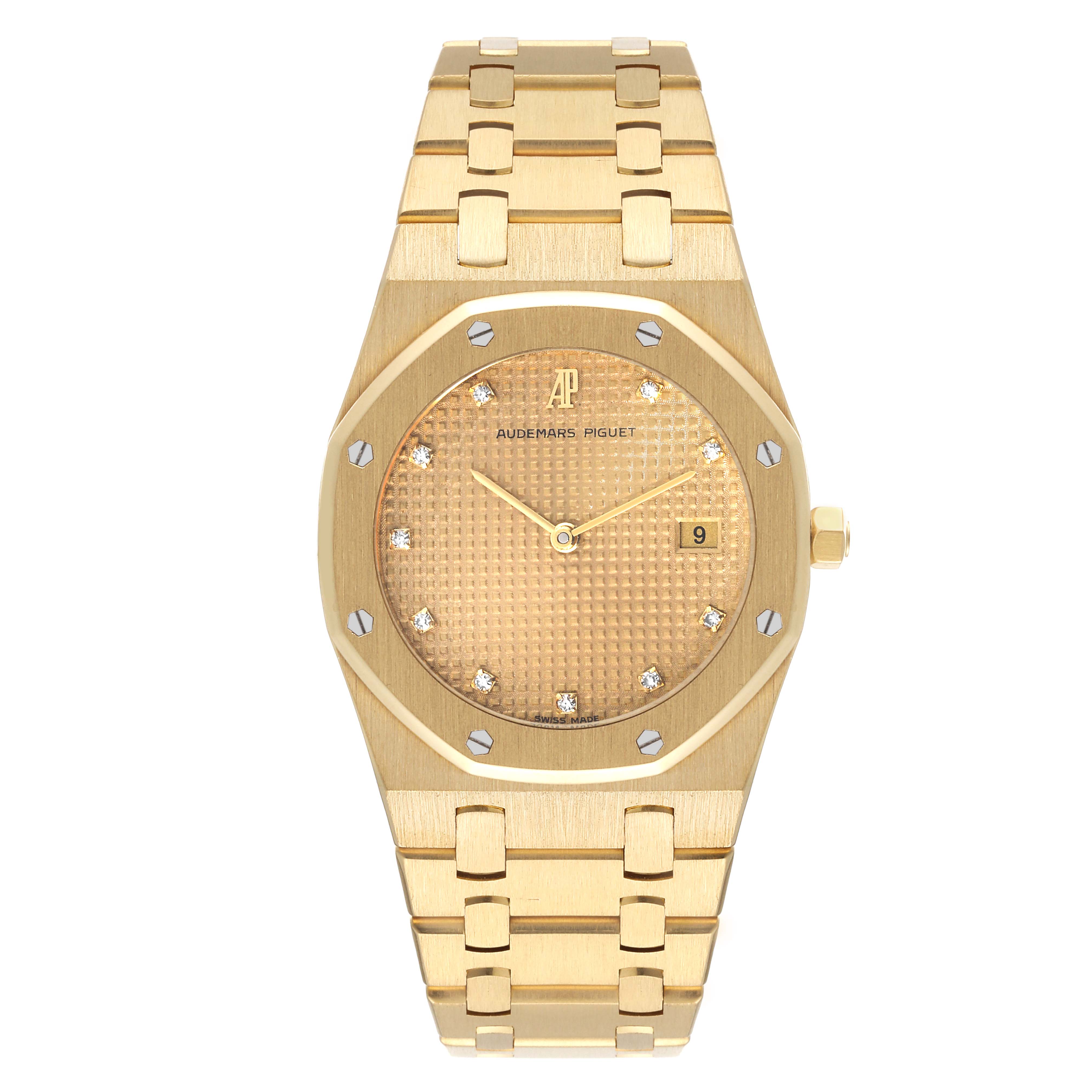 This image shows a front view of an Audemars Piguet Royal Oak 56303 Men's Yellow Gold Champagne Dial 56303 Men's Yellow Gold Champagne Dial watch, featuring its dial, bezel, hands, and bracelet.