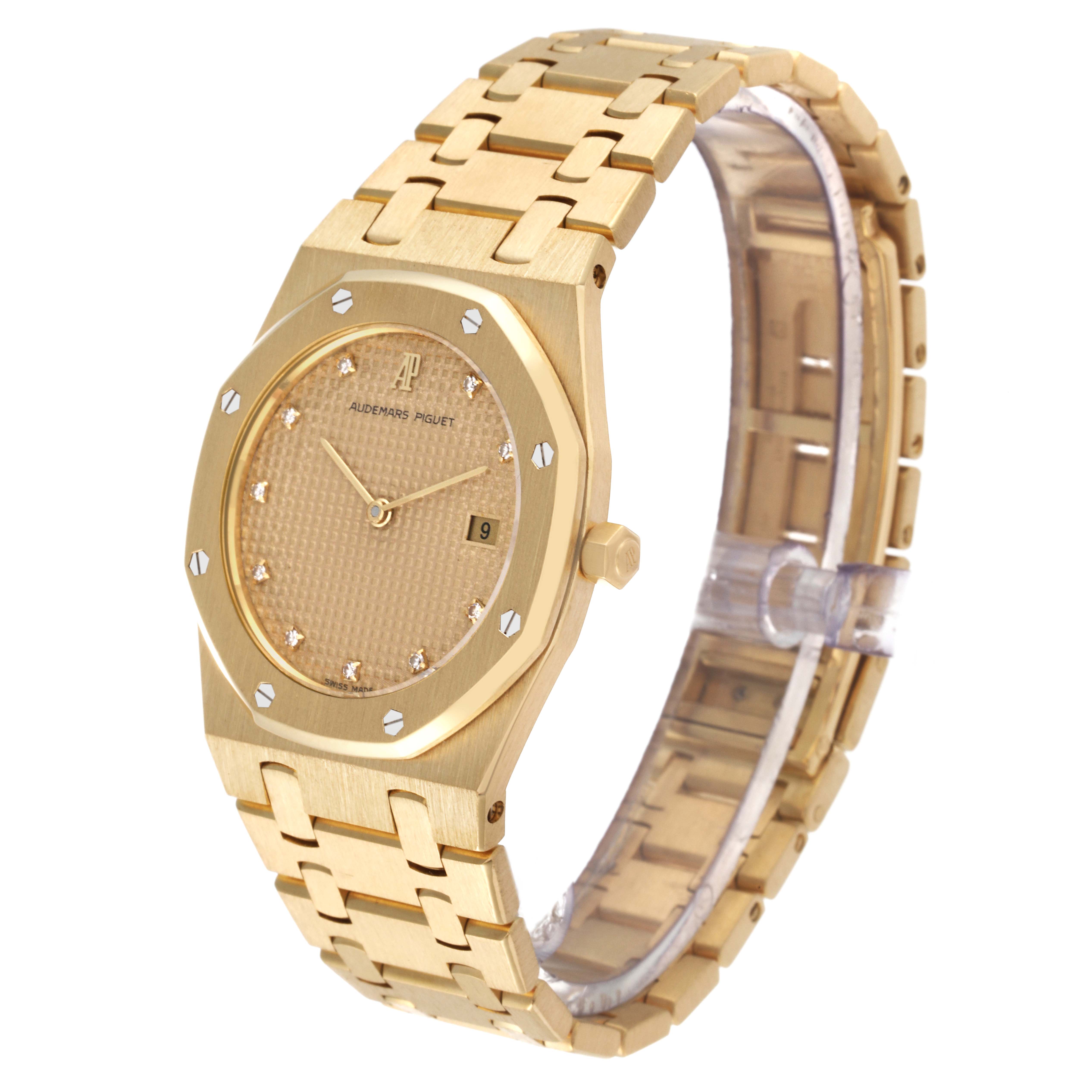 This image shows a side and front angle of the Audemars Piguet Royal Oak 56303 Men's Yellow Gold Champagne Dial 56303 Men's Yellow Gold Champagne Dial watch, highlighting its face, bezel, crown, and bracelet.