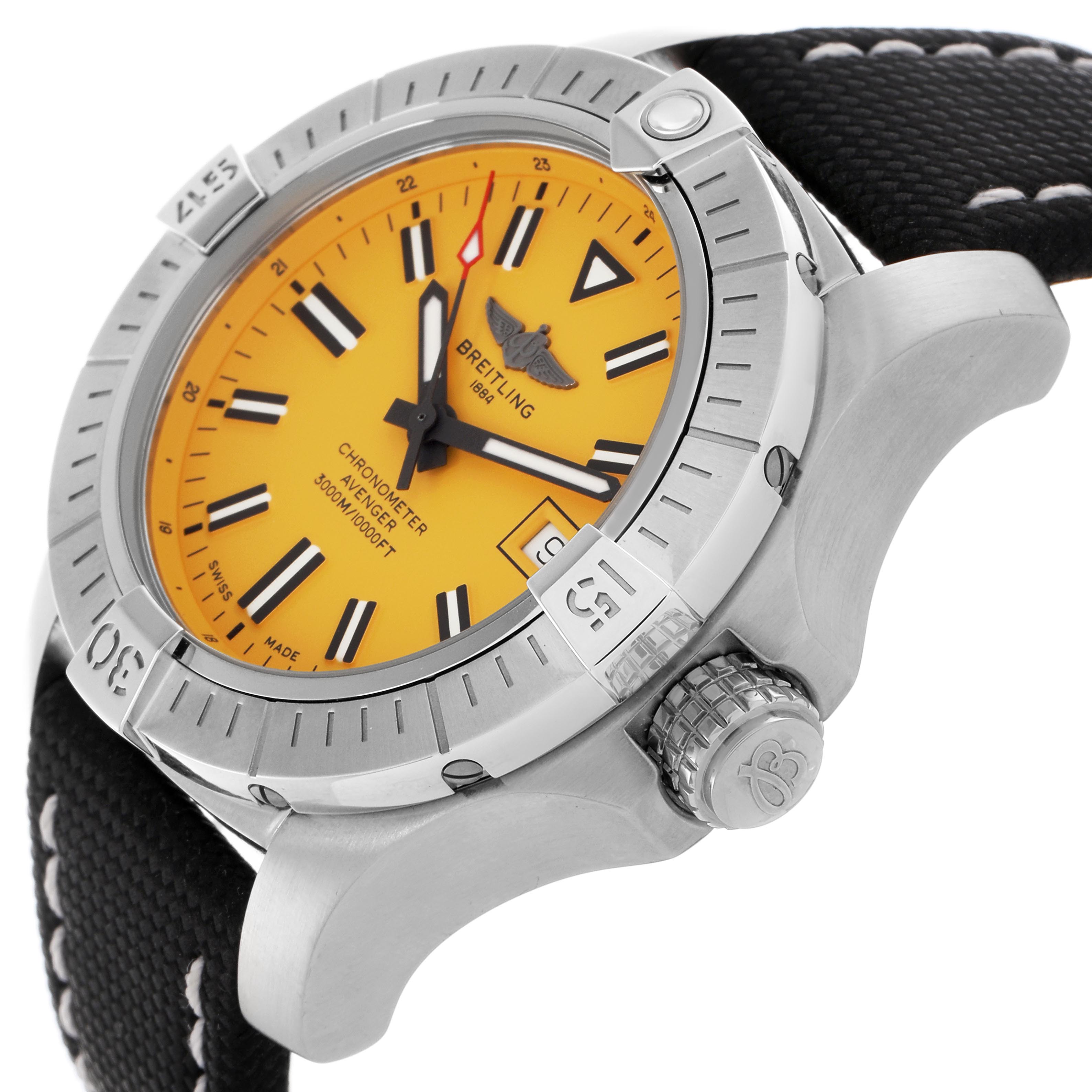 The Breitling Avenger A17319 Men's Stainless Steel Yellow Dial A17319 Men's Stainless Steel Yellow Dial watch is shown from a side angle, highlighting the bezel, crown, and part of the strap.