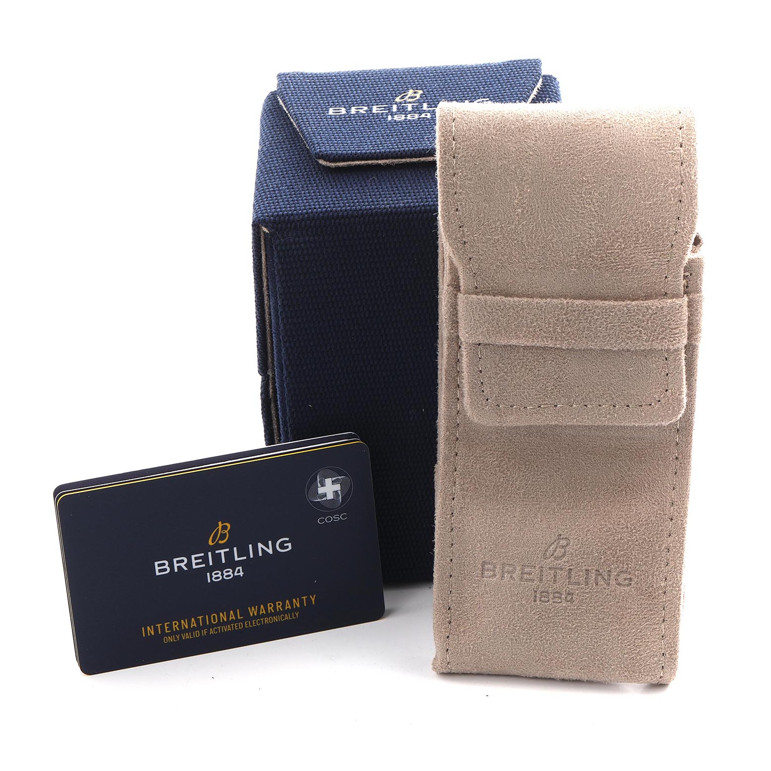 The image shows a Breitling Avenger A17319 Men's Stainless Steel Yellow Dial A17319 Men's Stainless Steel Yellow Dial watch box, a suede pouch, and an international warranty card.