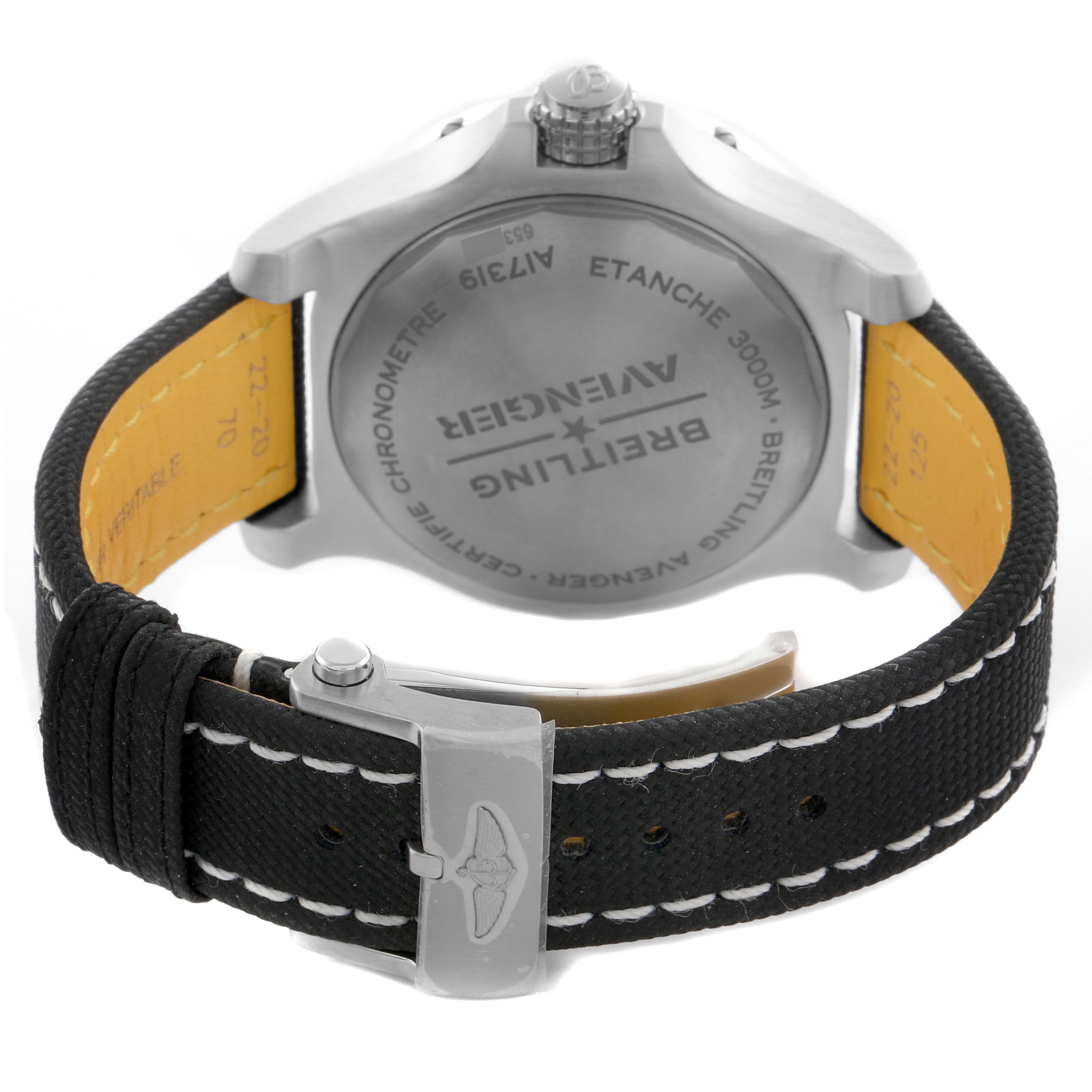 The image shows the back of a Breitling Avenger A17319 Men's Stainless Steel Yellow Dial A17319 Men's Stainless Steel Yellow Dial watch and its clasp, featuring the case back and buckle.