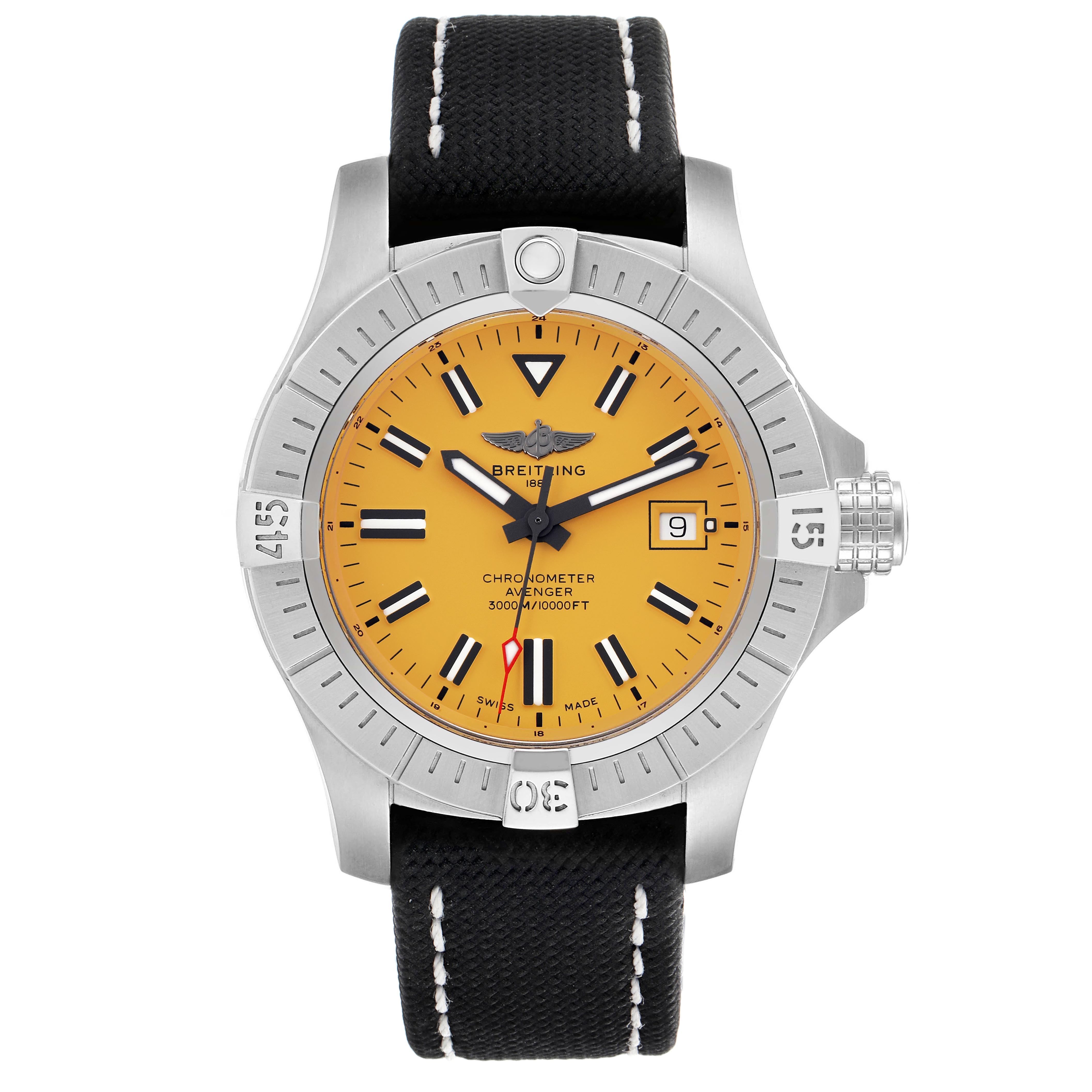 The Breitling Avenger A17319 Men's Stainless Steel Yellow Dial A17319 Men's Stainless Steel Yellow Dial watch is shown face-on, highlighting its dial, bezel, crown, and strap.