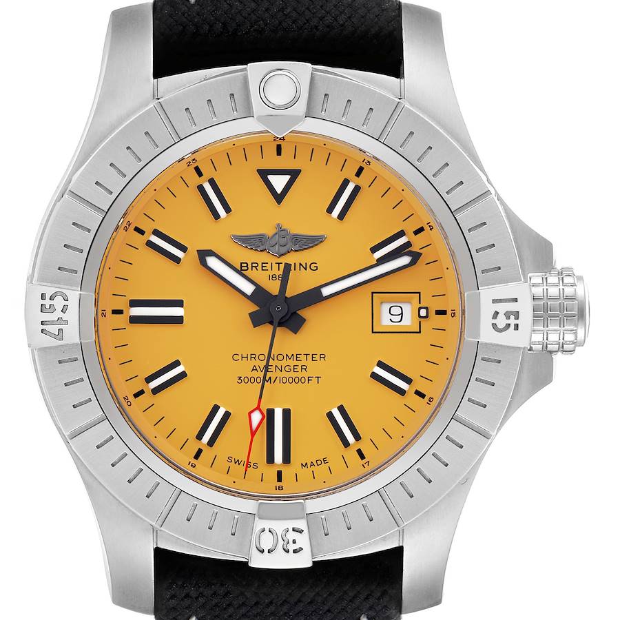 The Breitling Avenger watch is shown from the front, highlighting the dial, bezel, crown, and part of the strap.