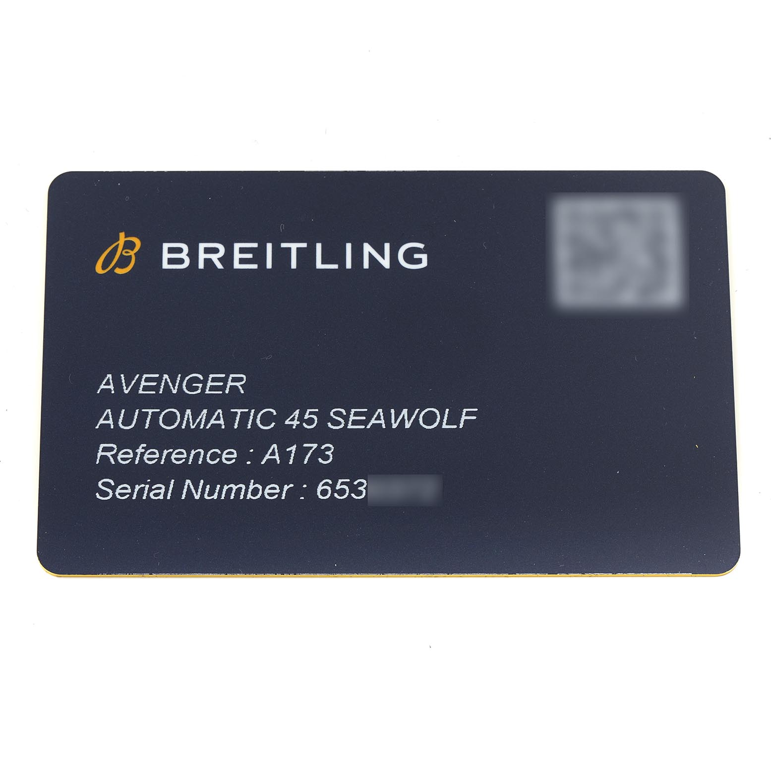 The image shows a Breitling Avenger A17319 Men's Stainless Steel Yellow Dial A17319 Men's Stainless Steel Yellow Dial Automatic 45 Seawolf warranty card with model details and a partial serial number.