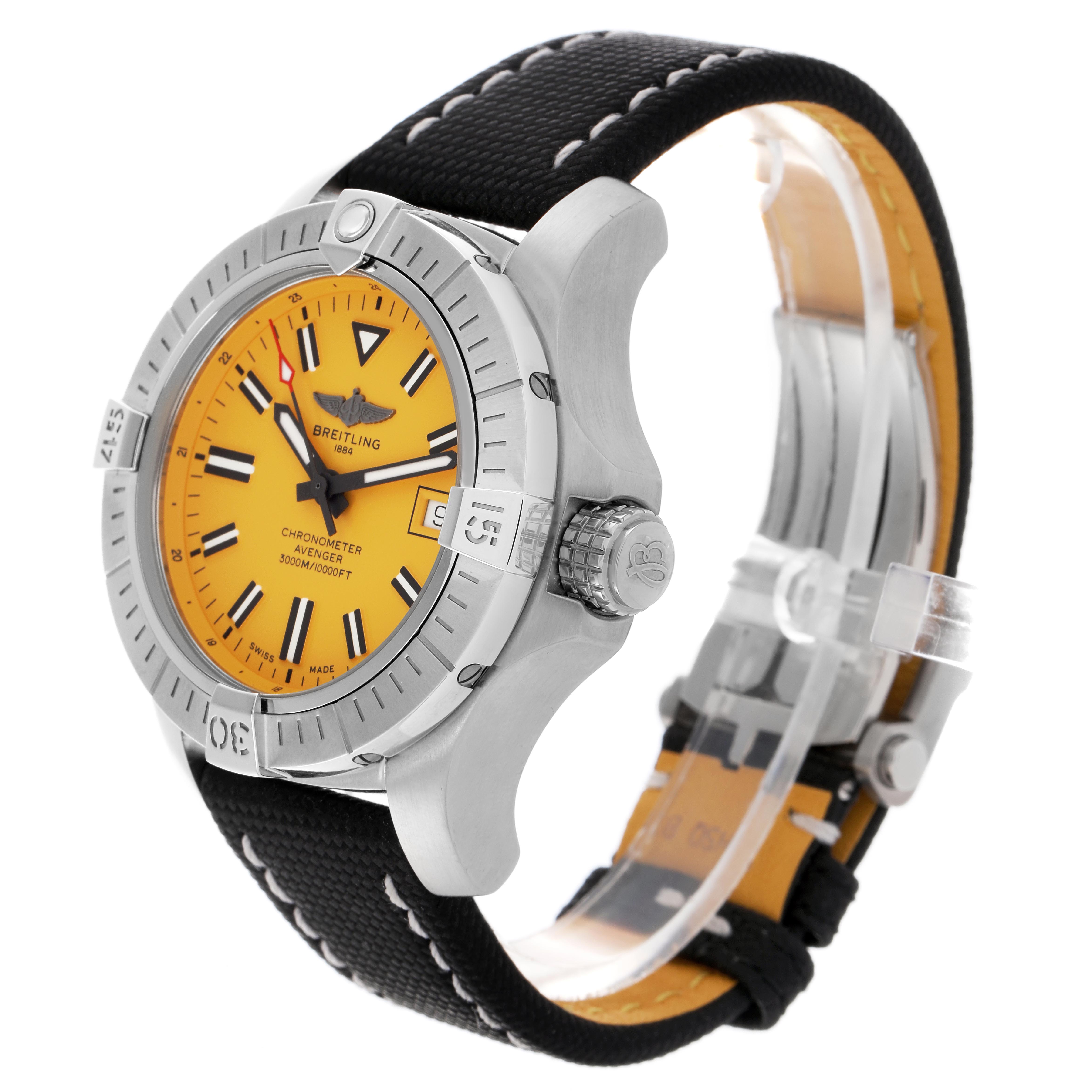 The Breitling Avenger A17319 Men's Stainless Steel Yellow Dial A17319 Men's Stainless Steel Yellow Dial watch is shown at a side angle, highlighting the bezel, crown, dial, strap, and case.