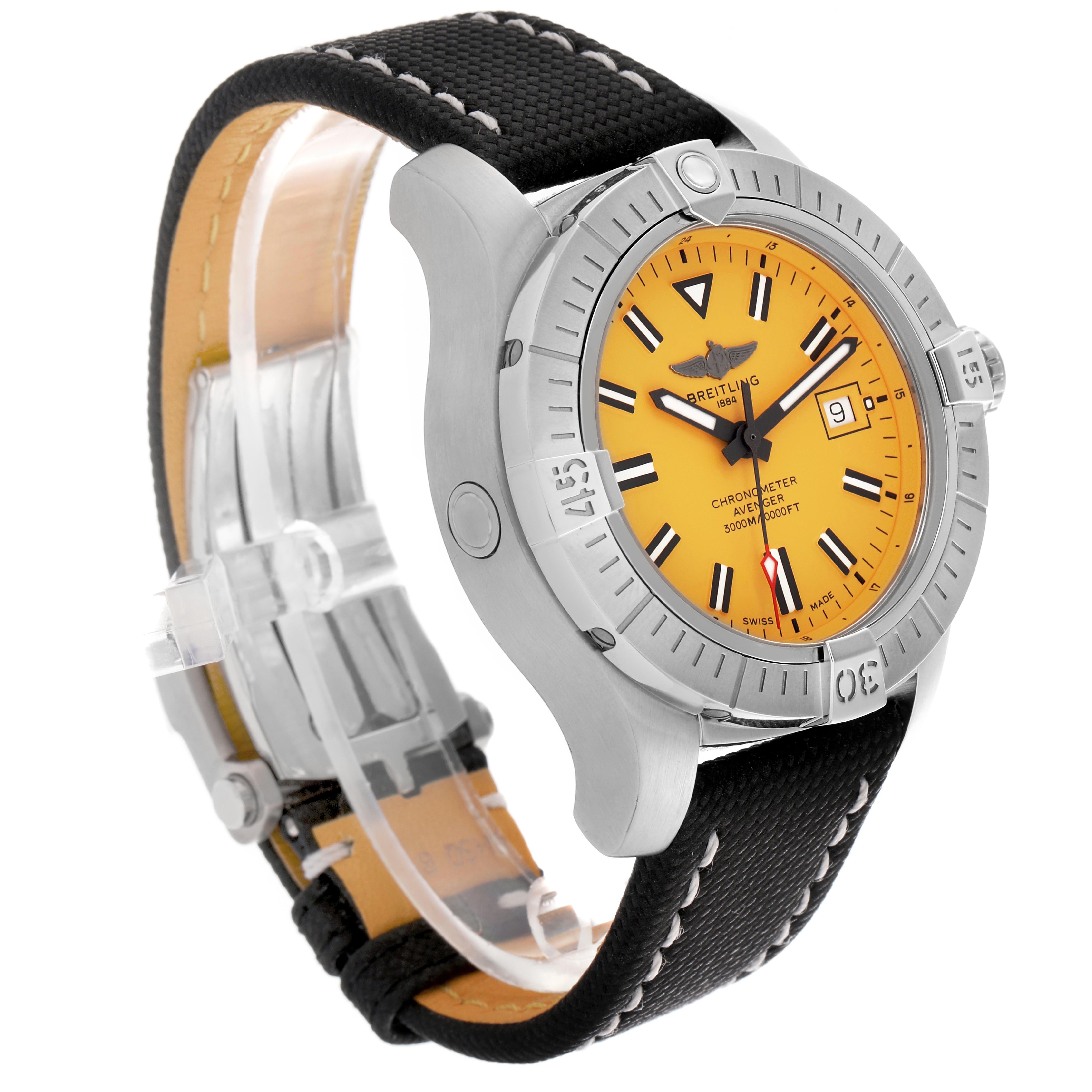 The Breitling Avenger A17319 Men's Stainless Steel Yellow Dial A17319 Men's Stainless Steel Yellow Dial watch is shown at a three-quarter angle, highlighting the face, bezel, and strap.
