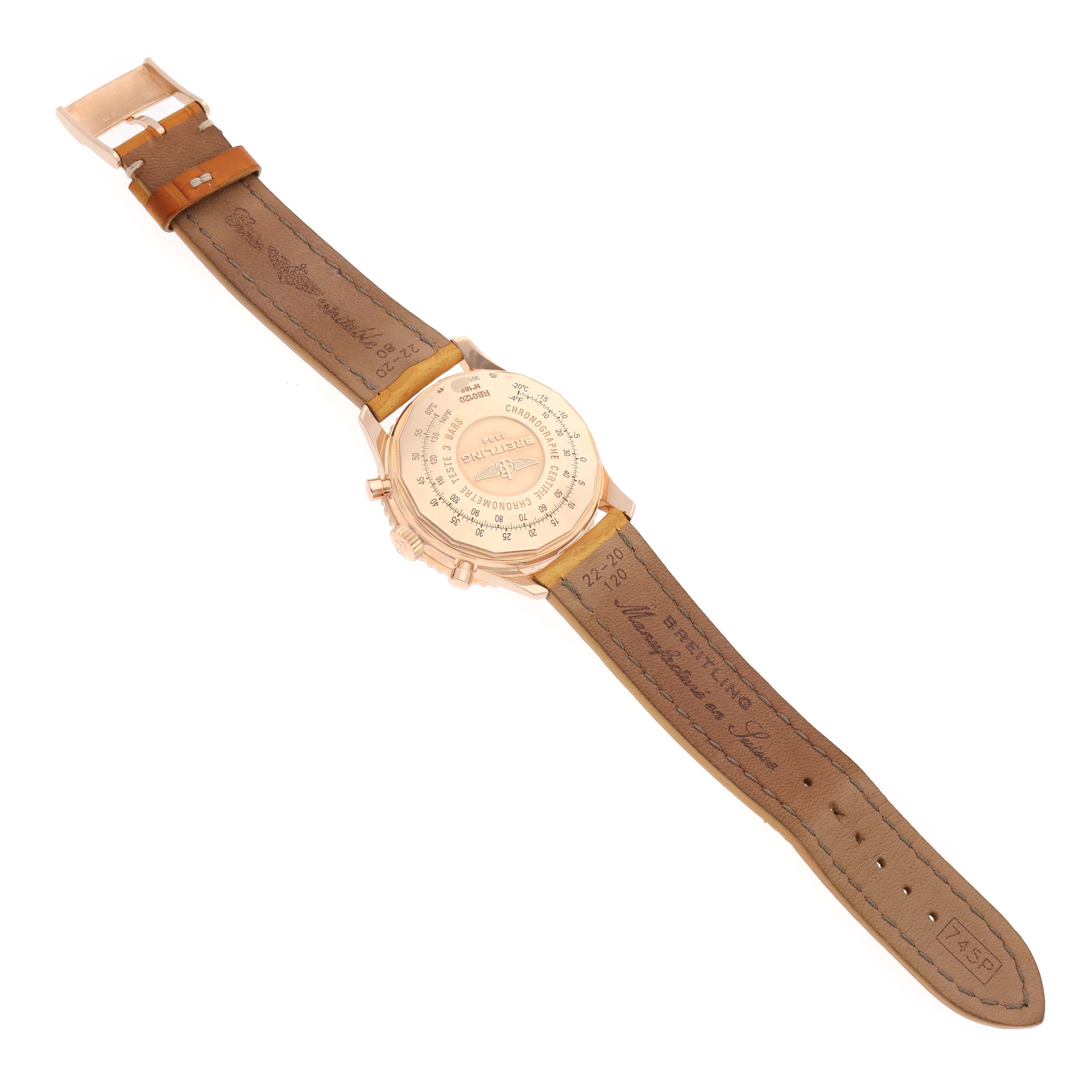 The Breitling Navitimer RB0120 Men
s Rose Gold Black Dial RB0120 Men
s Rose Gold Black Dial watch is shown from the back, displaying its caseback and leather strap.