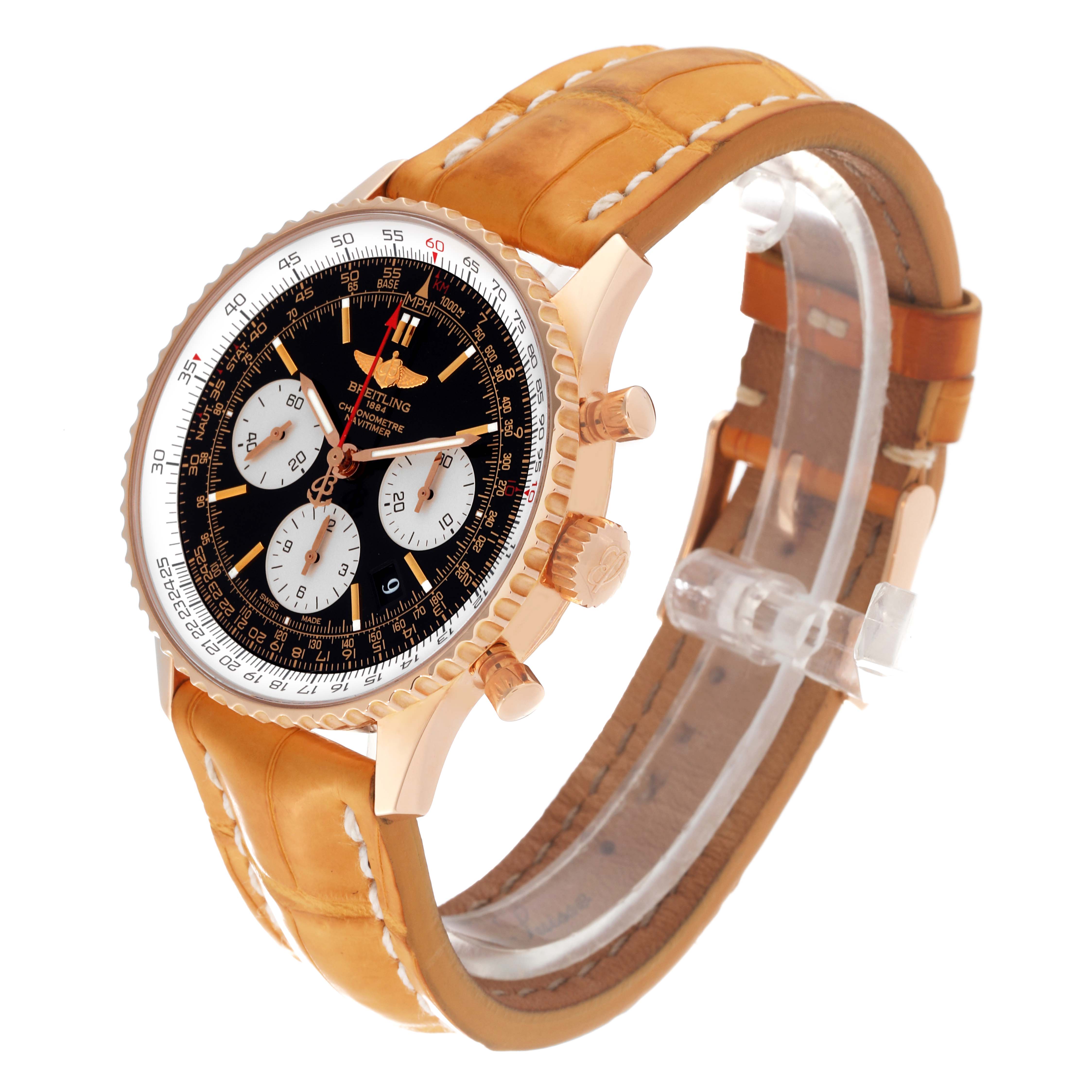 This Breitling Navitimer RB0120 Men
s Rose Gold Black Dial RB0120 Men
s Rose Gold Black Dial watch is shown from a three-quarter angle, featuring the face, bezel, crown, and leather strap.