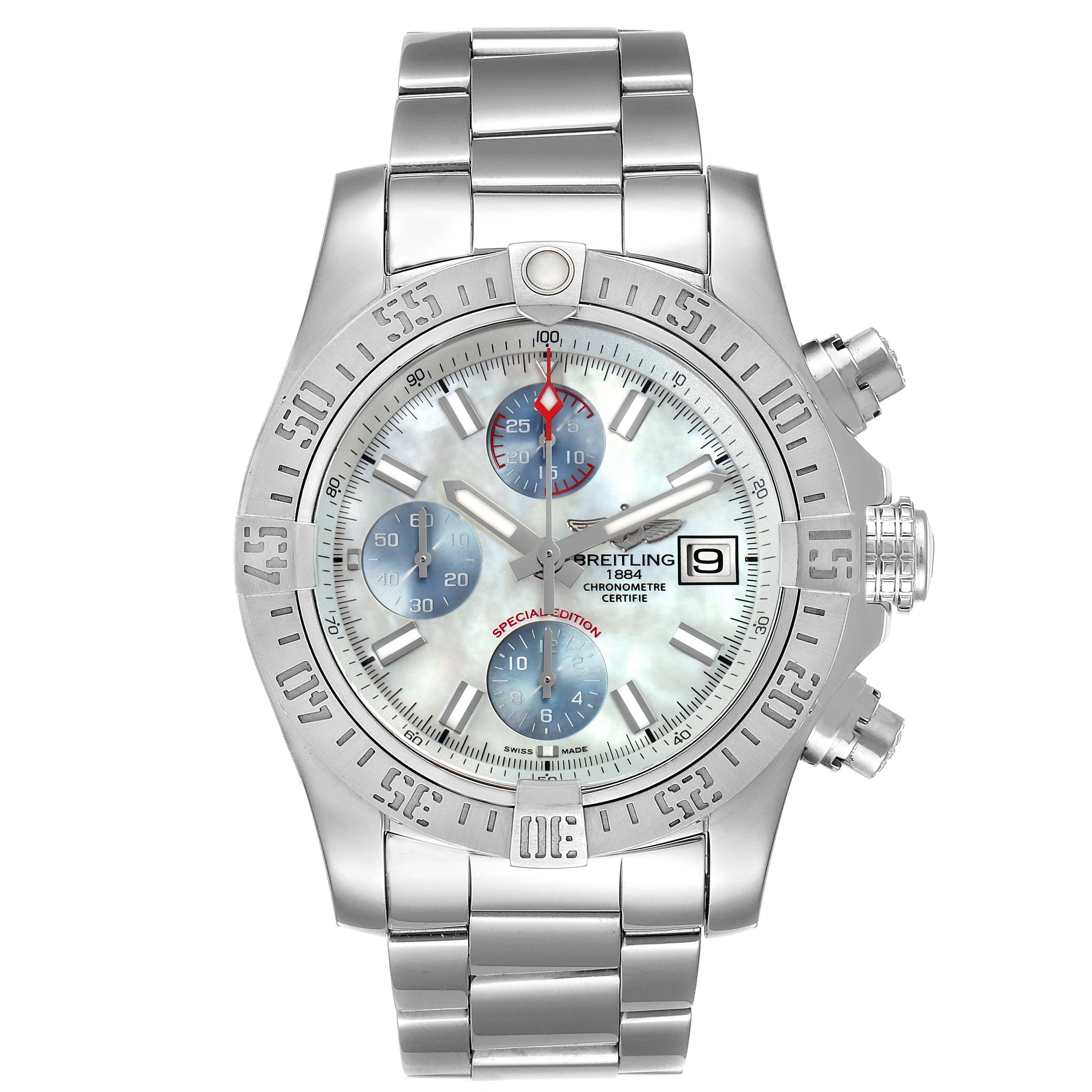 The image shows a front view of the Breitling Avenger A13381 Men's Stainless Steel Mother of Pearl Dial A13381 Men's Stainless Steel Mother of Pearl Dial watch, displaying its face, bezel, and metal strap.