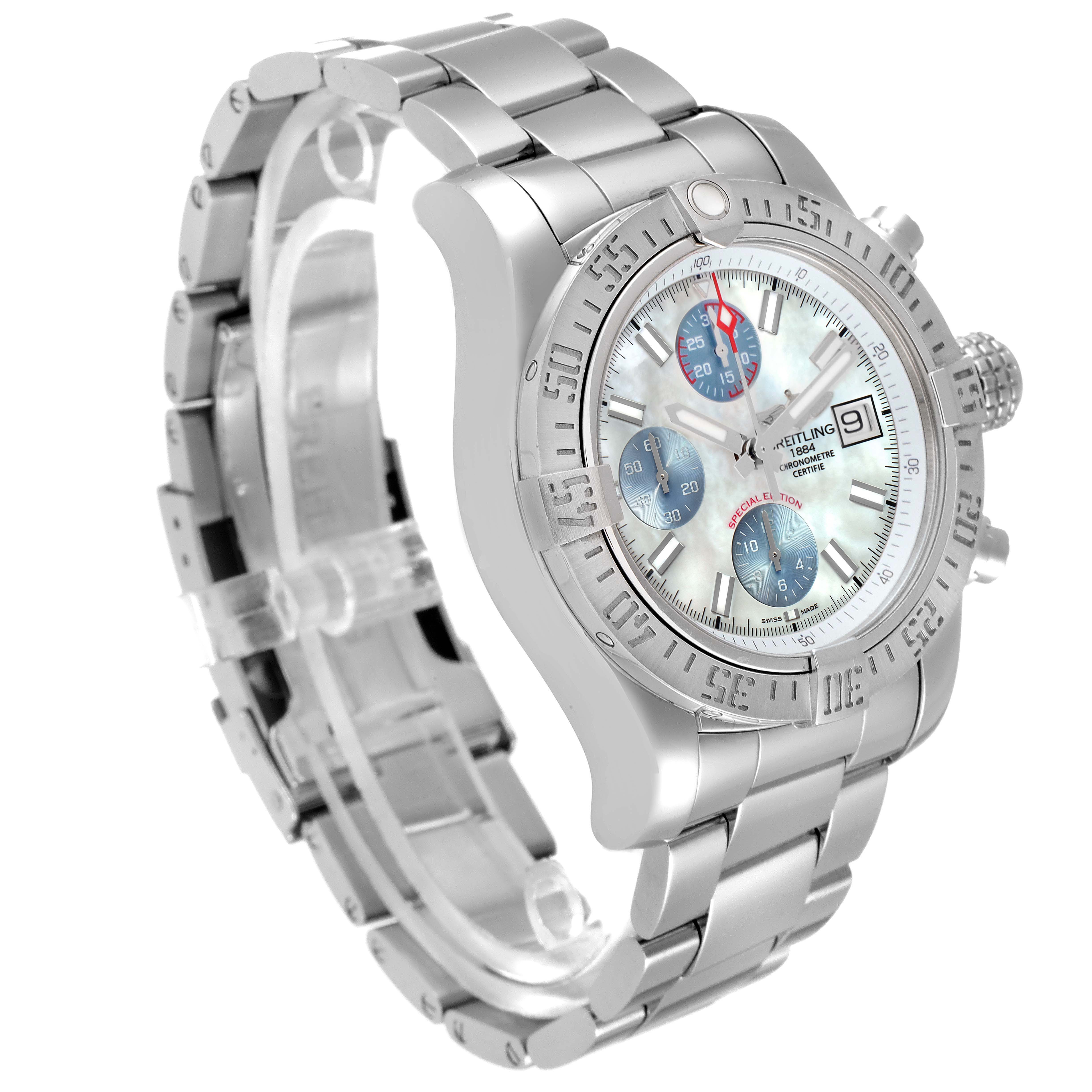 The image shows a Breitling Avenger A13381 Men's Stainless Steel Mother of Pearl Dial A13381 Men's Stainless Steel Mother of Pearl Dial watch at an angle that highlights the face, bezel, crown, and bracelet.