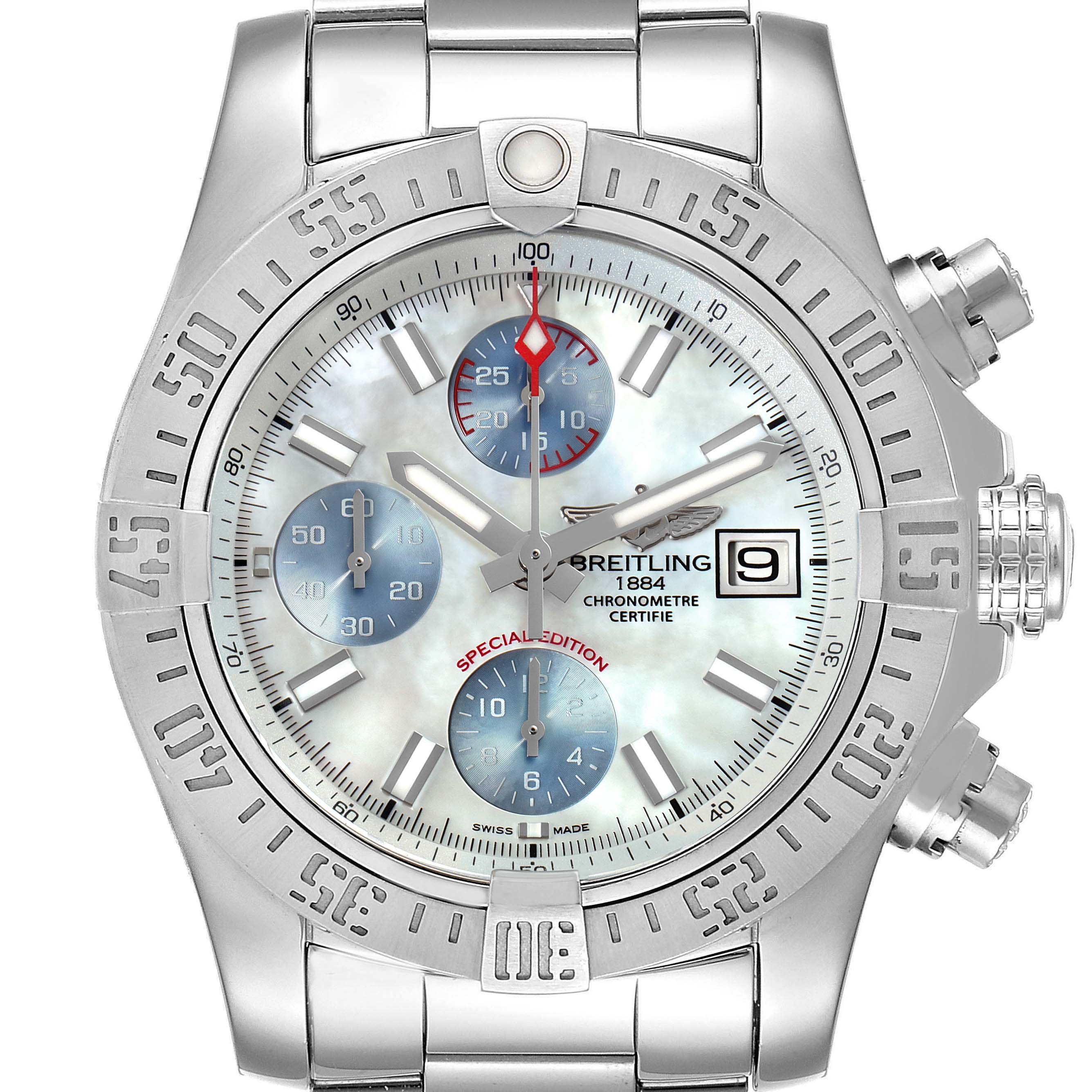 The image shows a top-down view of the Breitling Avenger A13381 Men's Stainless Steel Mother of Pearl Dial A13381 Men's Stainless Steel Mother of Pearl Dial watch, highlighting its dial, bezel, chronograph subdials, and bracelet.