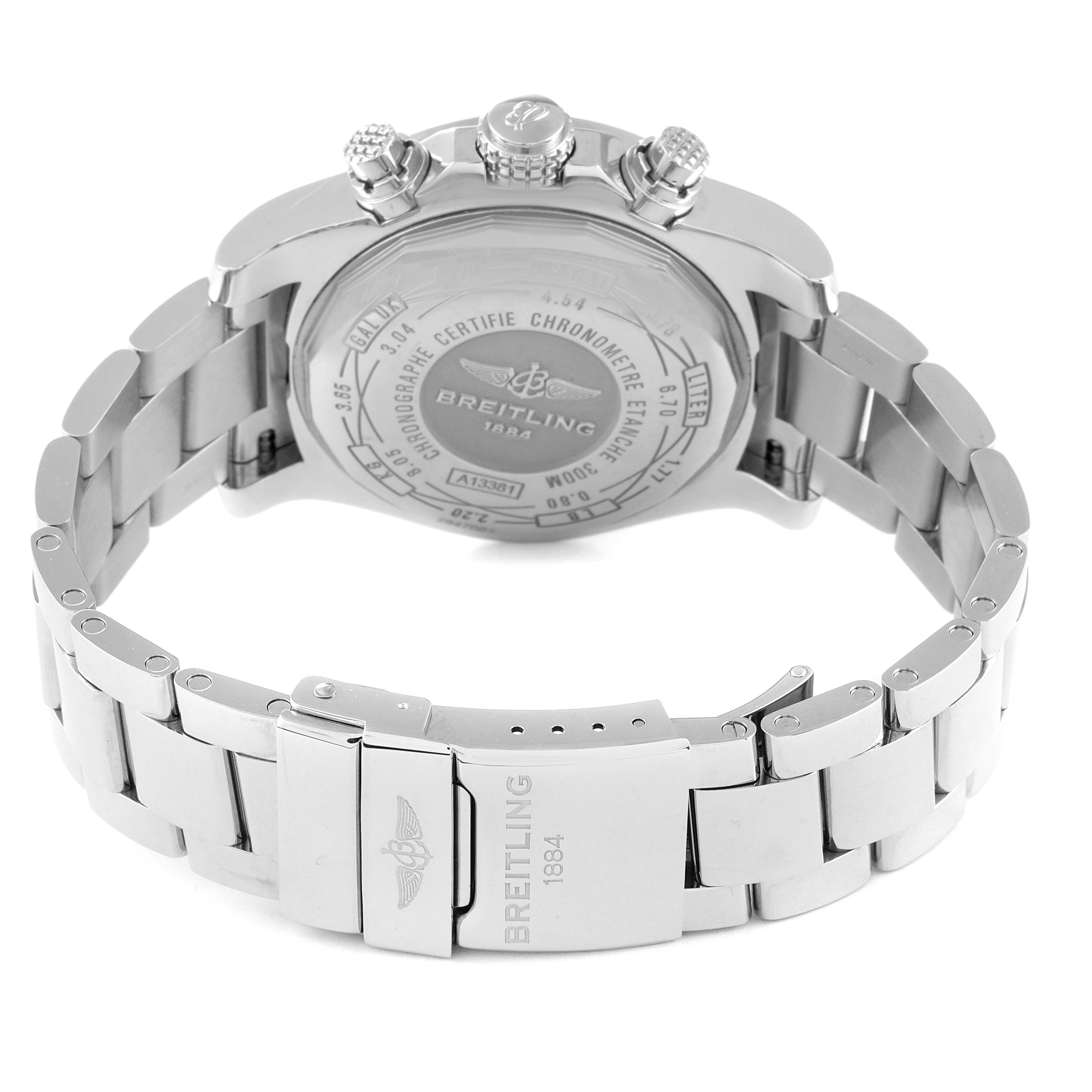 The image shows the back case and bracelet of a Breitling Avenger A13381 Men's Stainless Steel Mother of Pearl Dial A13381 Men's Stainless Steel Mother of Pearl Dial watch, angled to display the clasp and engravings.