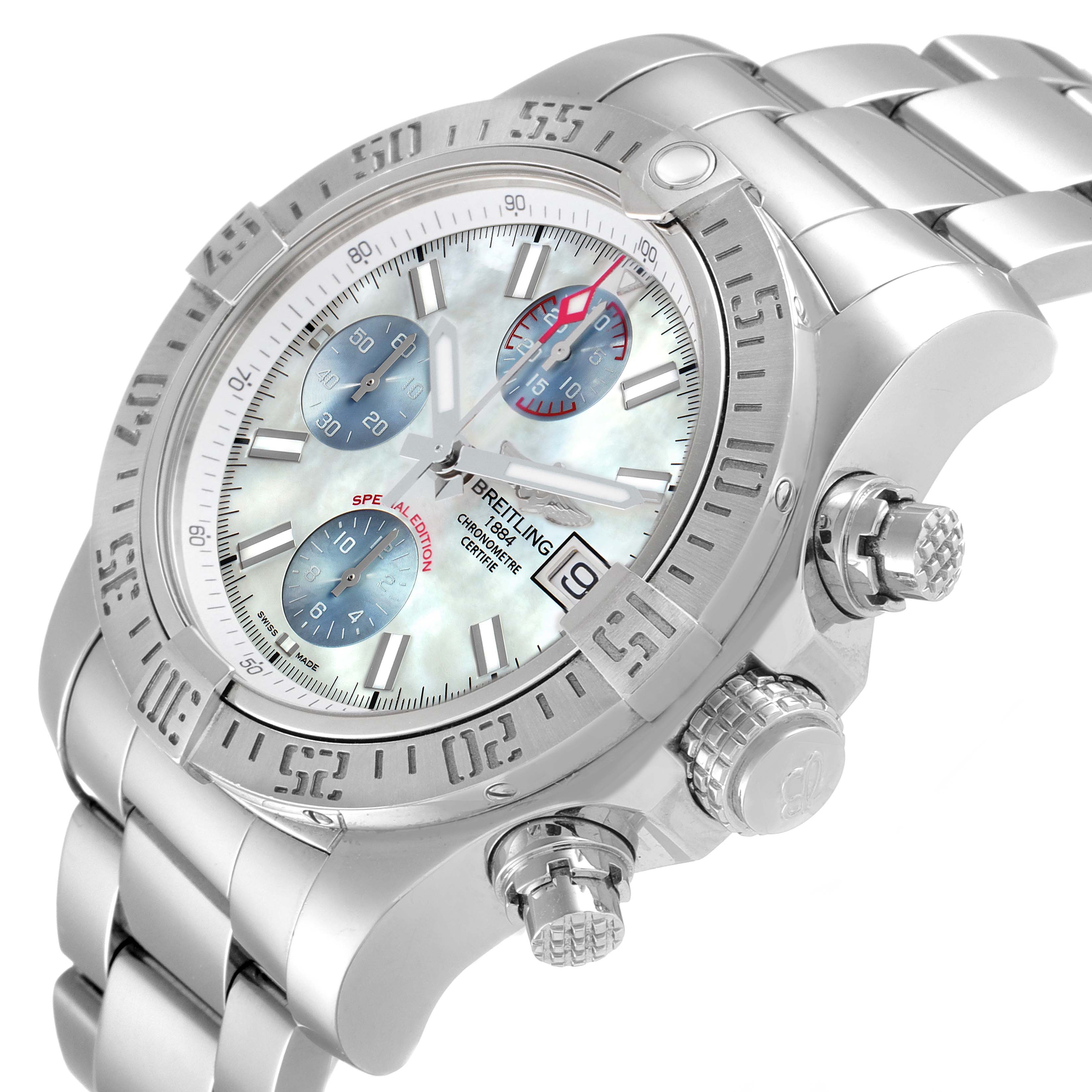 The Breitling Avenger A13381 Men's Stainless Steel Mother of Pearl Dial A13381 Men's Stainless Steel Mother of Pearl Dial watch is shown at a three-quarter angle, displaying its face, bezel, crown, and metal bracelet.