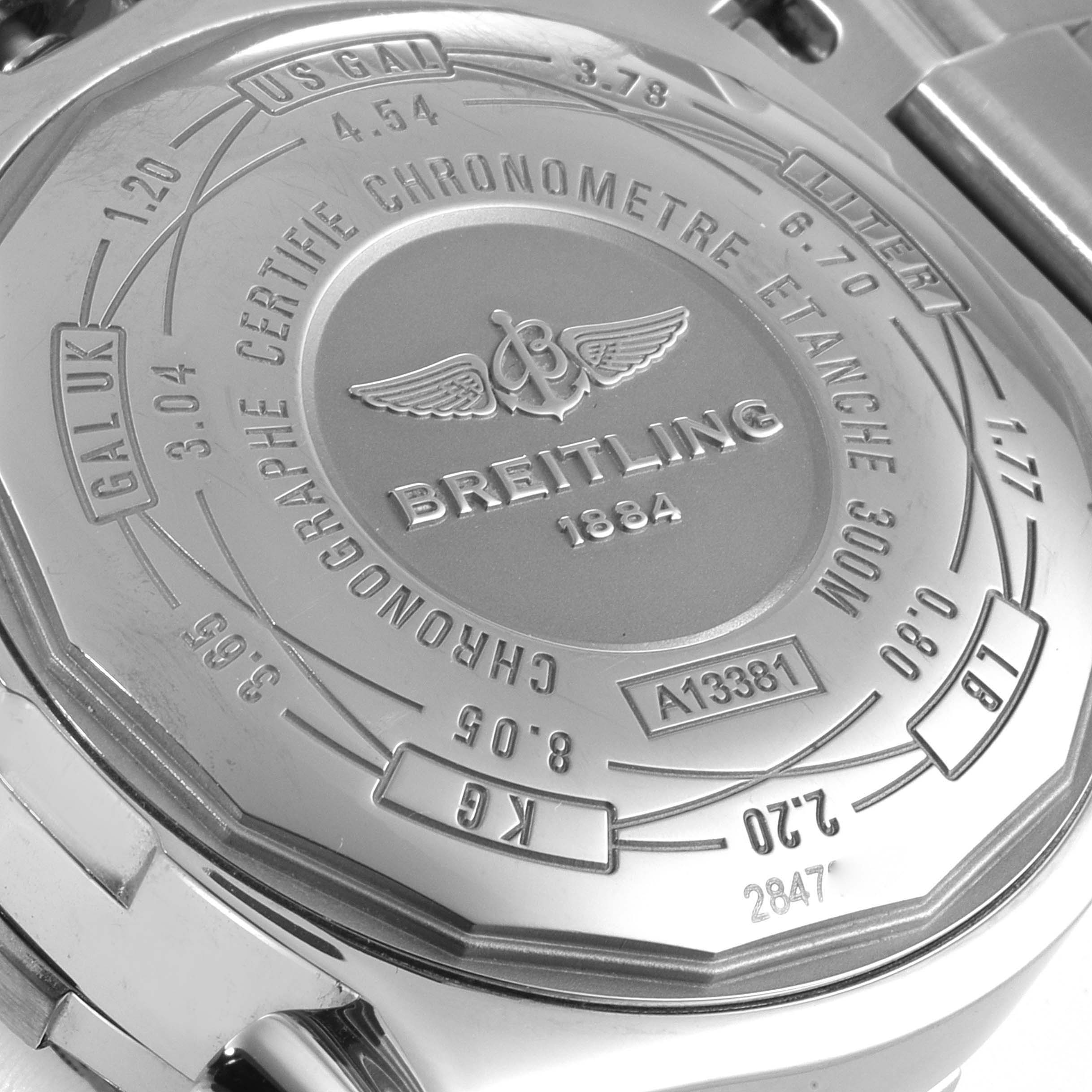 The image shows the case back of a Breitling Avenger A13381 Men's Stainless Steel Mother of Pearl Dial A13381 Men's Stainless Steel Mother of Pearl Dial watch.