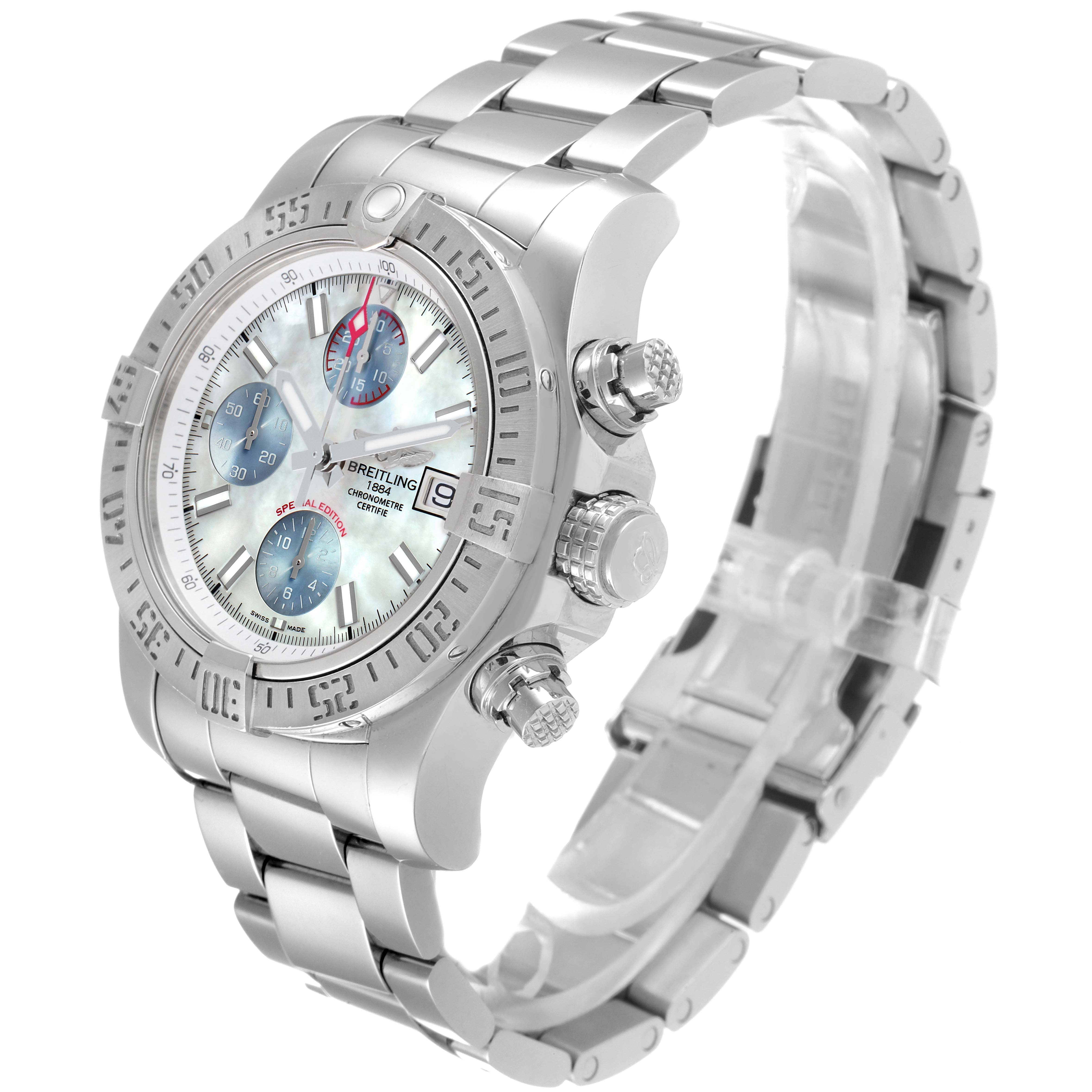 The Breitling Avenger A13381 Men's Stainless Steel Mother of Pearl Dial A13381 Men's Stainless Steel Mother of Pearl Dial watch is shown at a three-quarter angle, highlighting its dial, bezel, chronograph buttons, and bracelet.