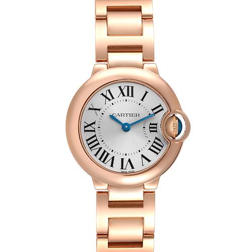 The Cartier Ballon Bleu watch is shown from the front, displaying its round face, Roman numerals, and metal bracelet.