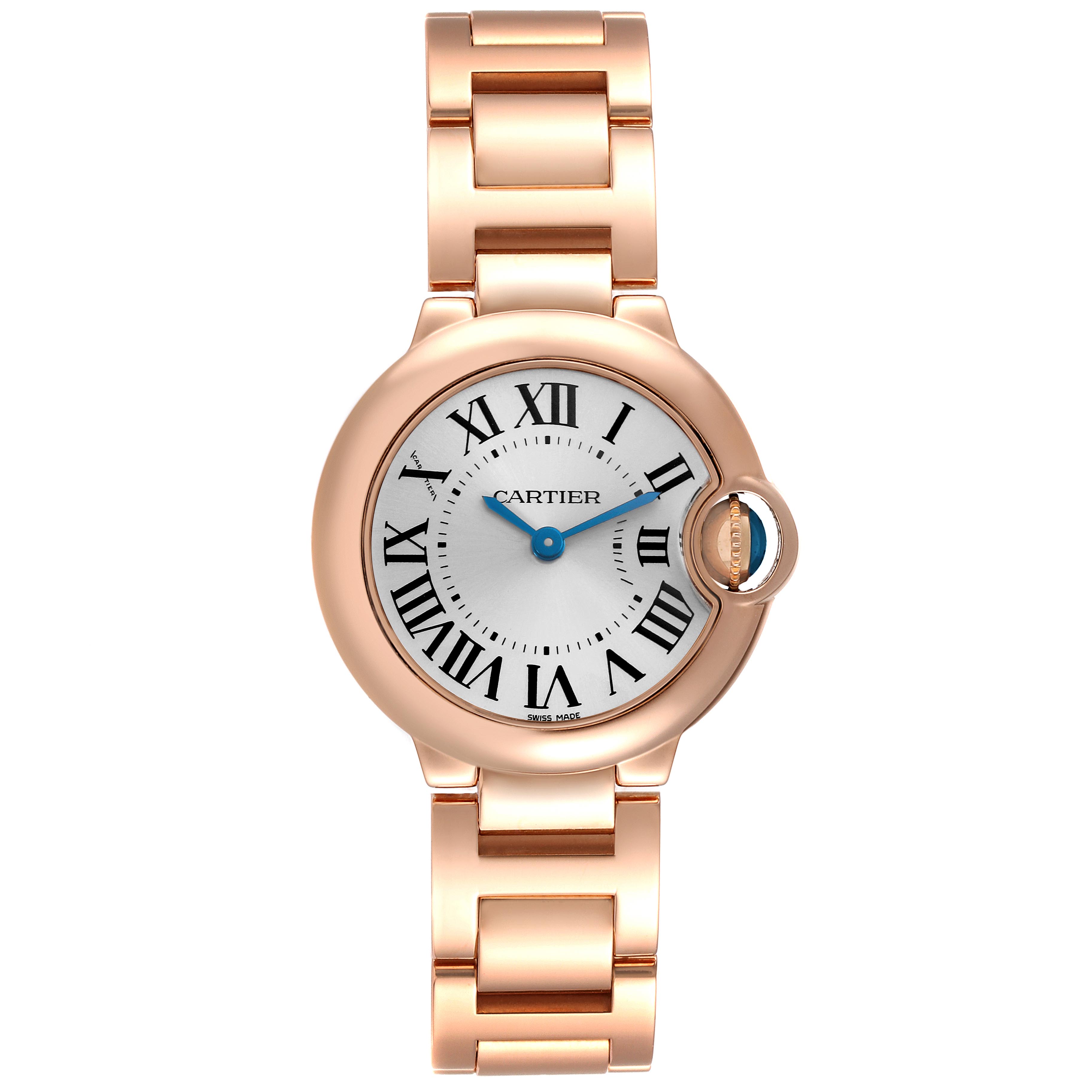 The Cartier Ballon Bleu W69002Z2 Women
s Rose Gold White Dial W69002Z2 Women
s Rose Gold White Dial watch is shown from a front angle, displaying the face, bezel, and bracelet.