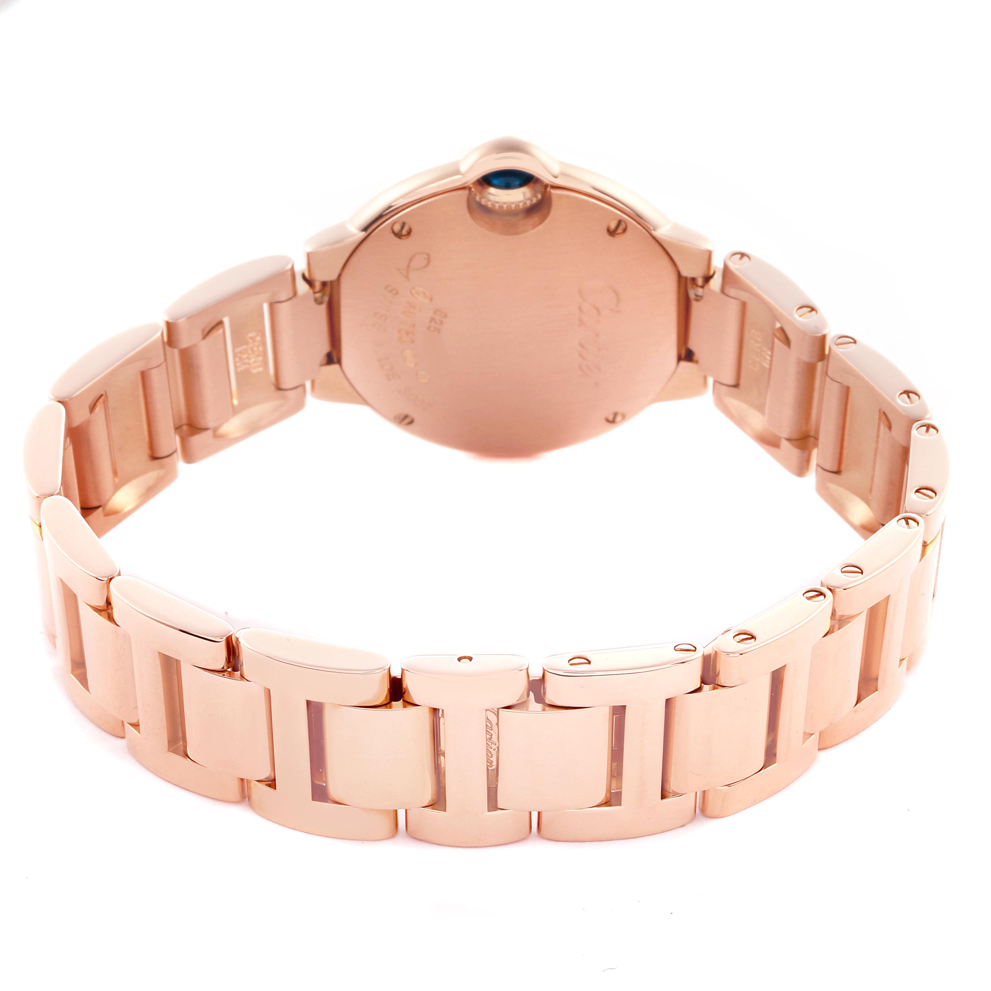 The Cartier Ballon Bleu W69002Z2 Women
s Rose Gold White Dial W69002Z2 Women
s Rose Gold White Dial watch is shown from the back, highlighting the case back and bracelet links.