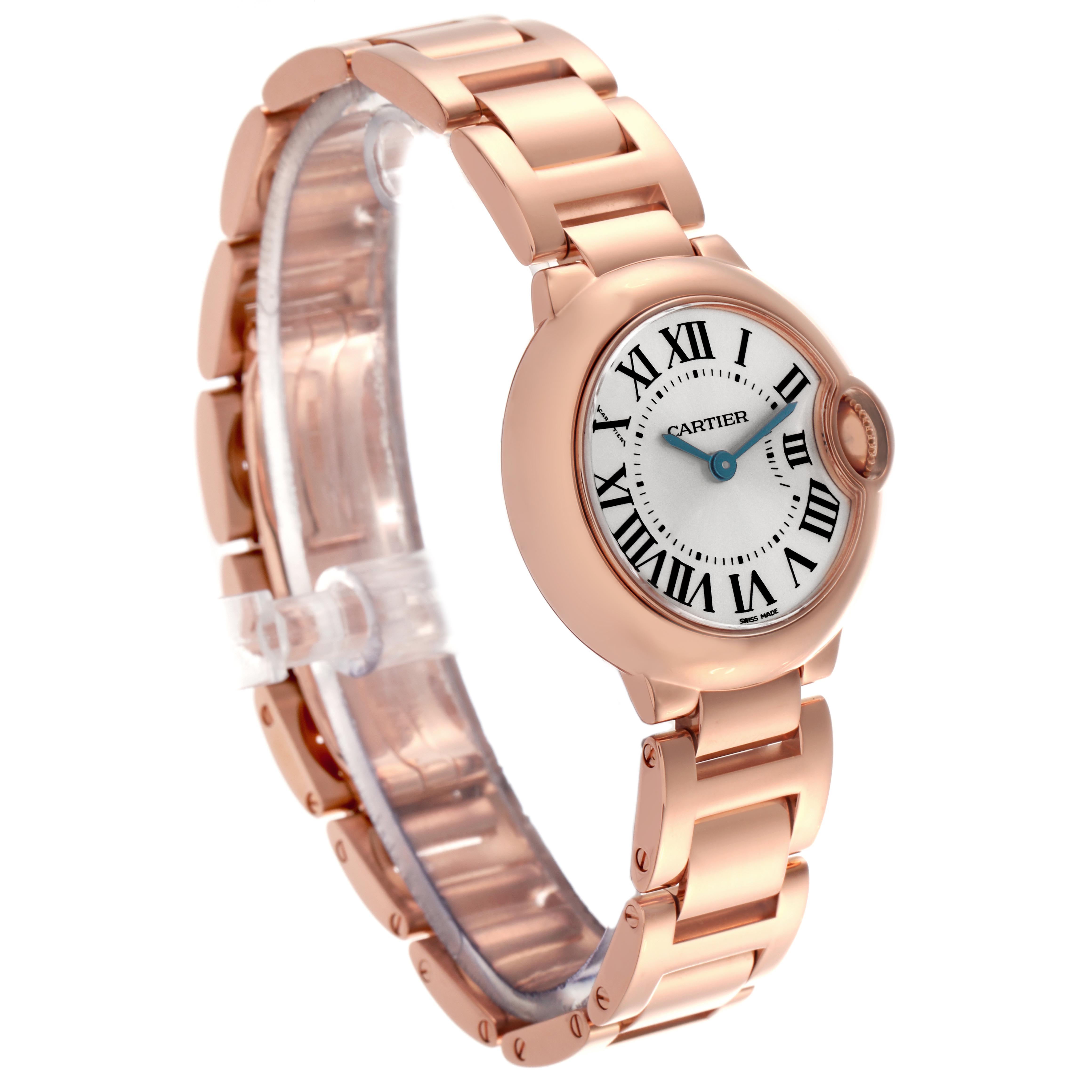 The Cartier Ballon Bleu W69002Z2 Women
s Rose Gold White Dial W69002Z2 Women
s Rose Gold White Dial watch is shown at a slight angle, highlighting its face, Roman numeral markers, and bracelet.