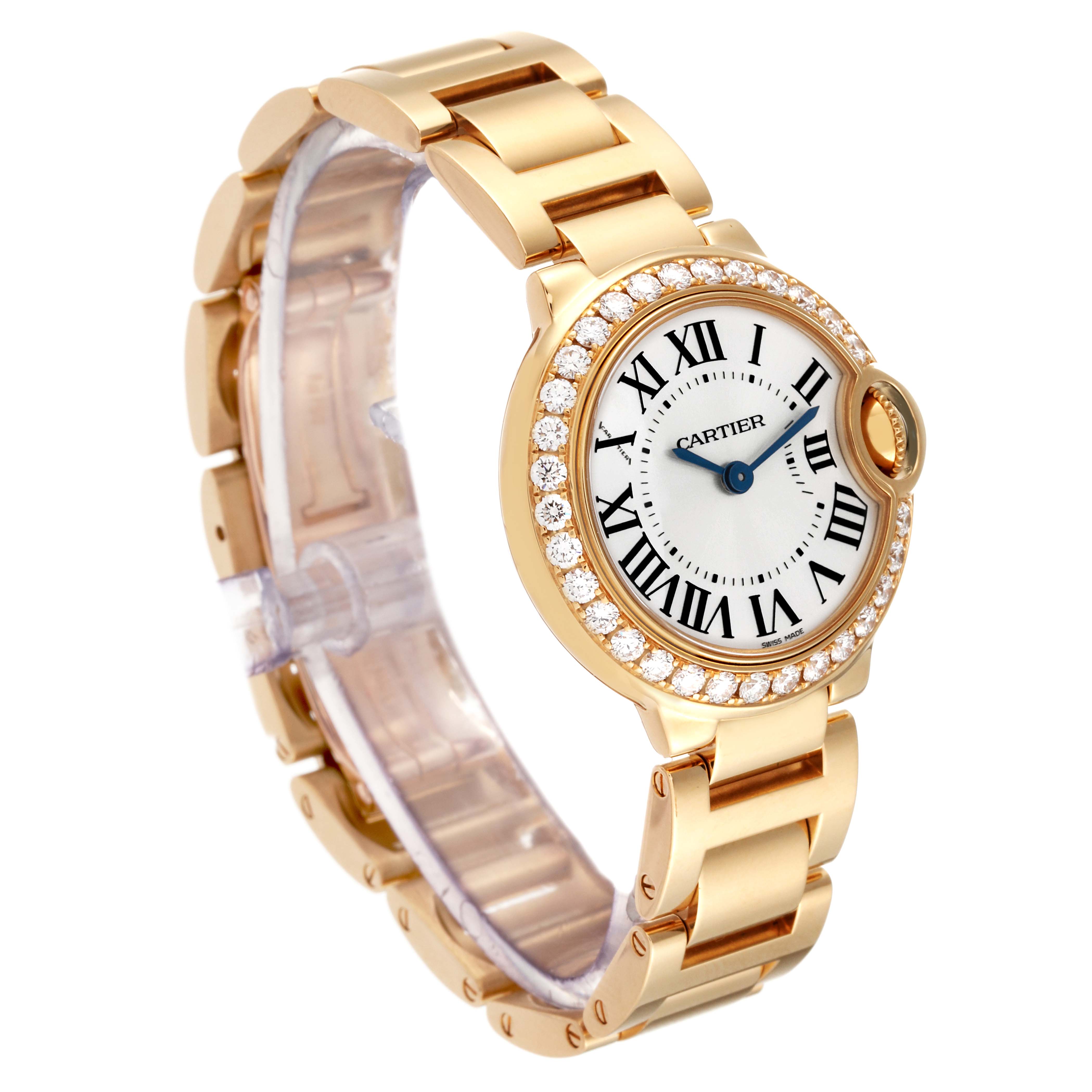 The image shows the Cartier Ballon Bleu WE9001Z3 Women's Yellow Gold Silver Dial WE9001Z3 Women's Yellow Gold Silver Dial watch from a three-quarter angle, displaying its face, bezel, bracelet, and crown.
