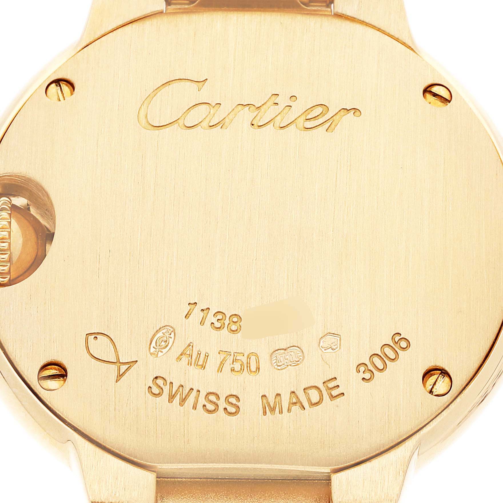 The image shows the back case of a Ballon Bleu model by Cartier, highlighting engravings and the crown partially.