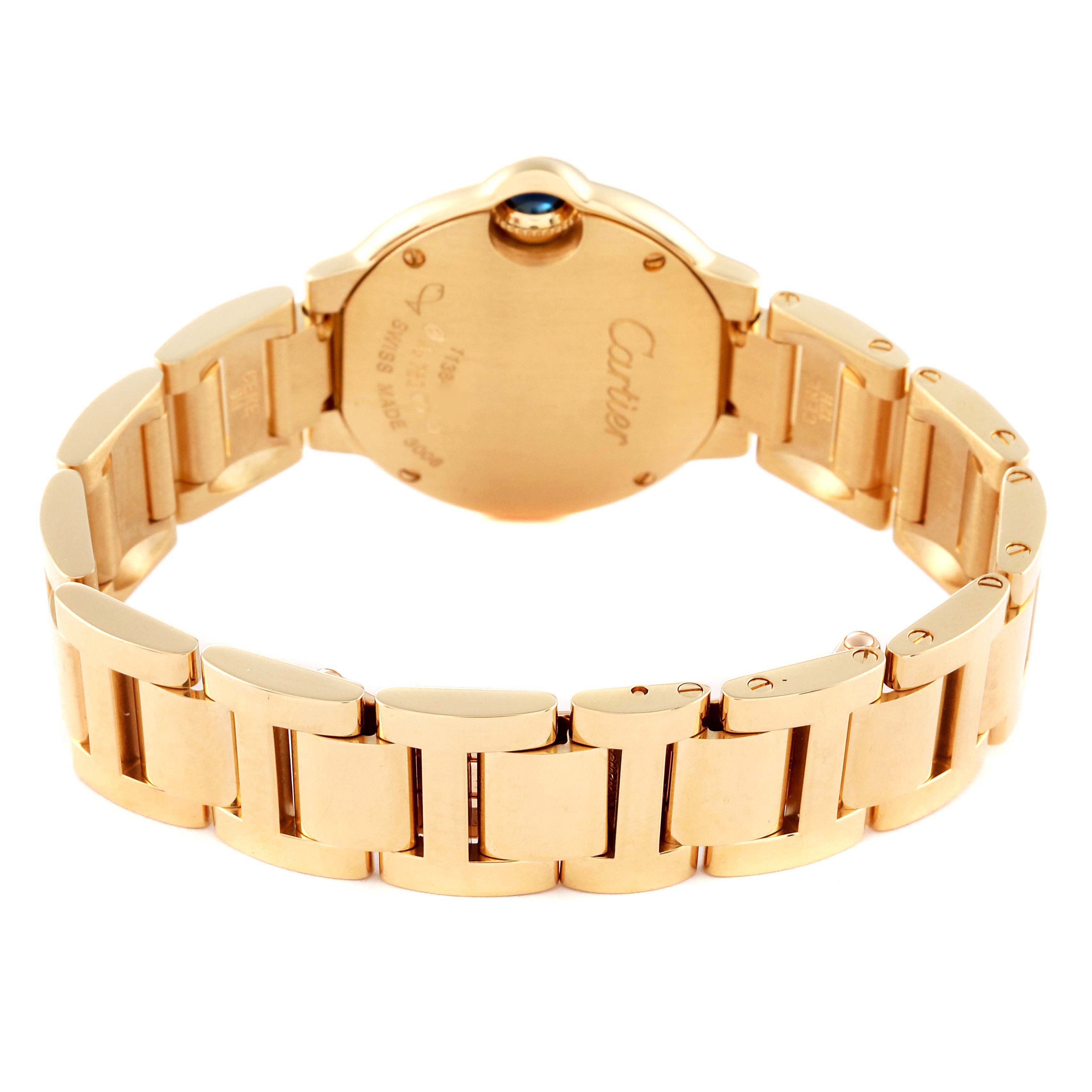 The image shows the back view of a Ballon Bleu model by Cartier, highlighting the bracelet and case back.